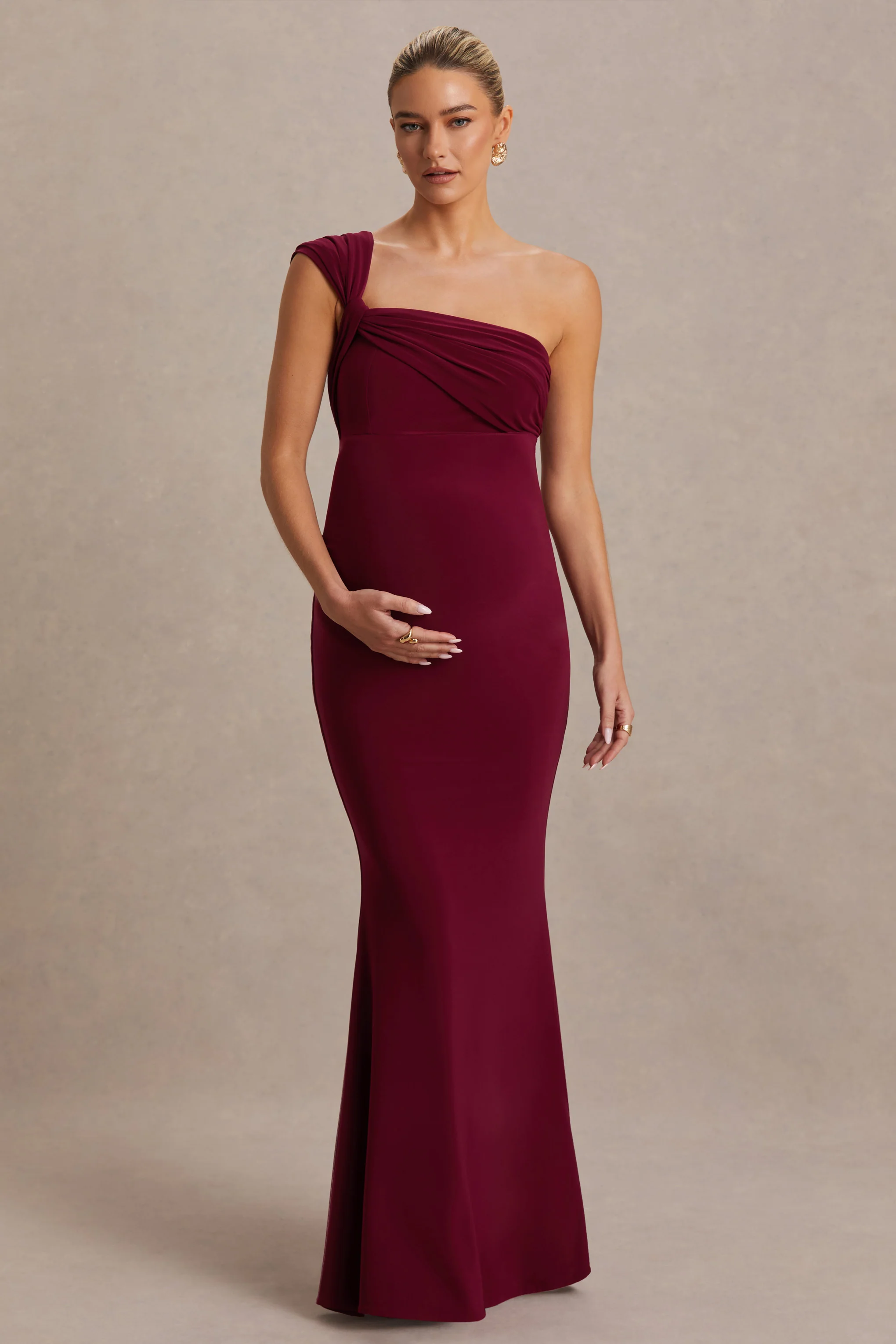 Mila | Burgundy Asymmetric-Neck Maternity Maxi Dress - Image 4