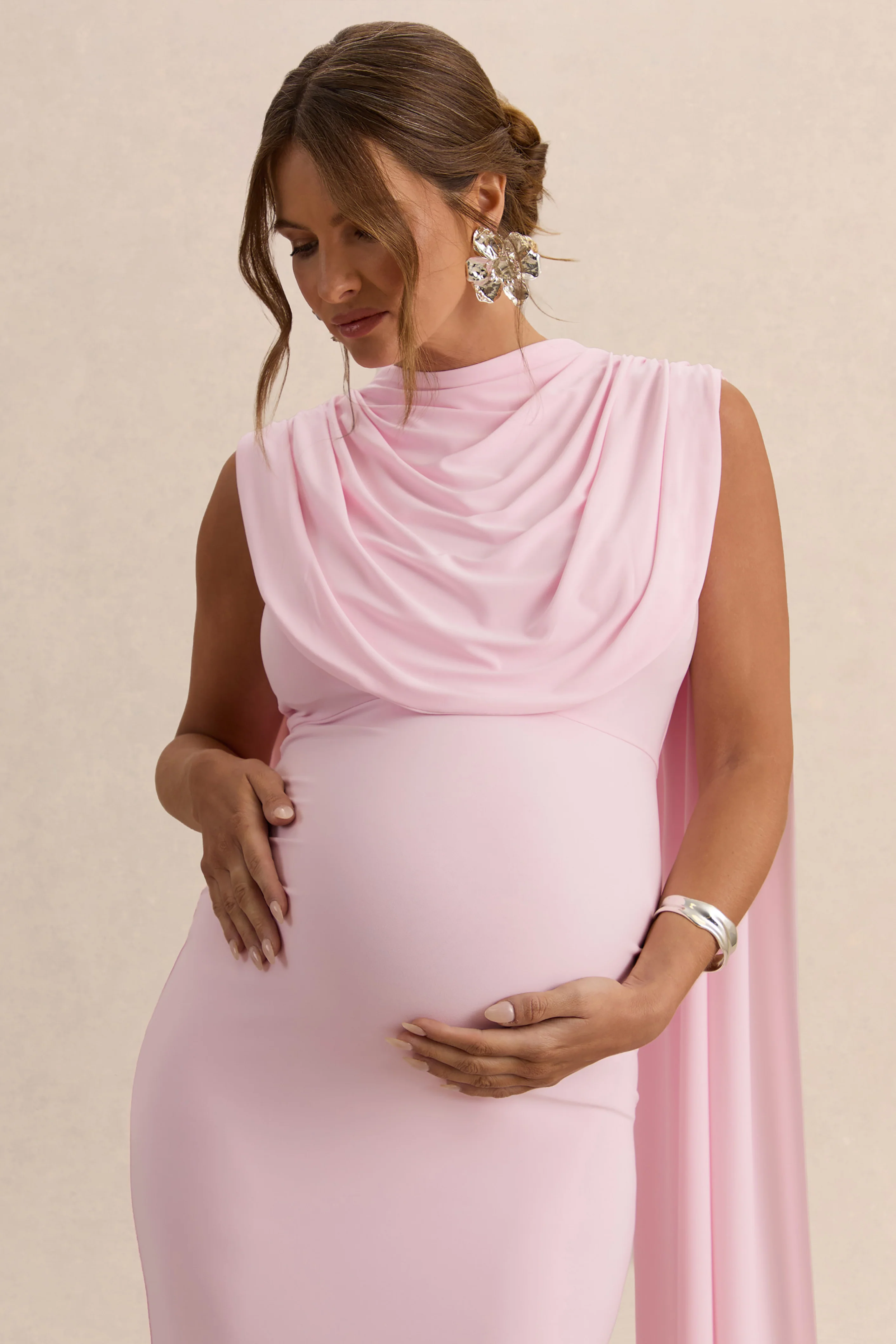 Milaine | Light Pink Round-Neck Maternity Midi Dress With Cape Sleeves - Image 6