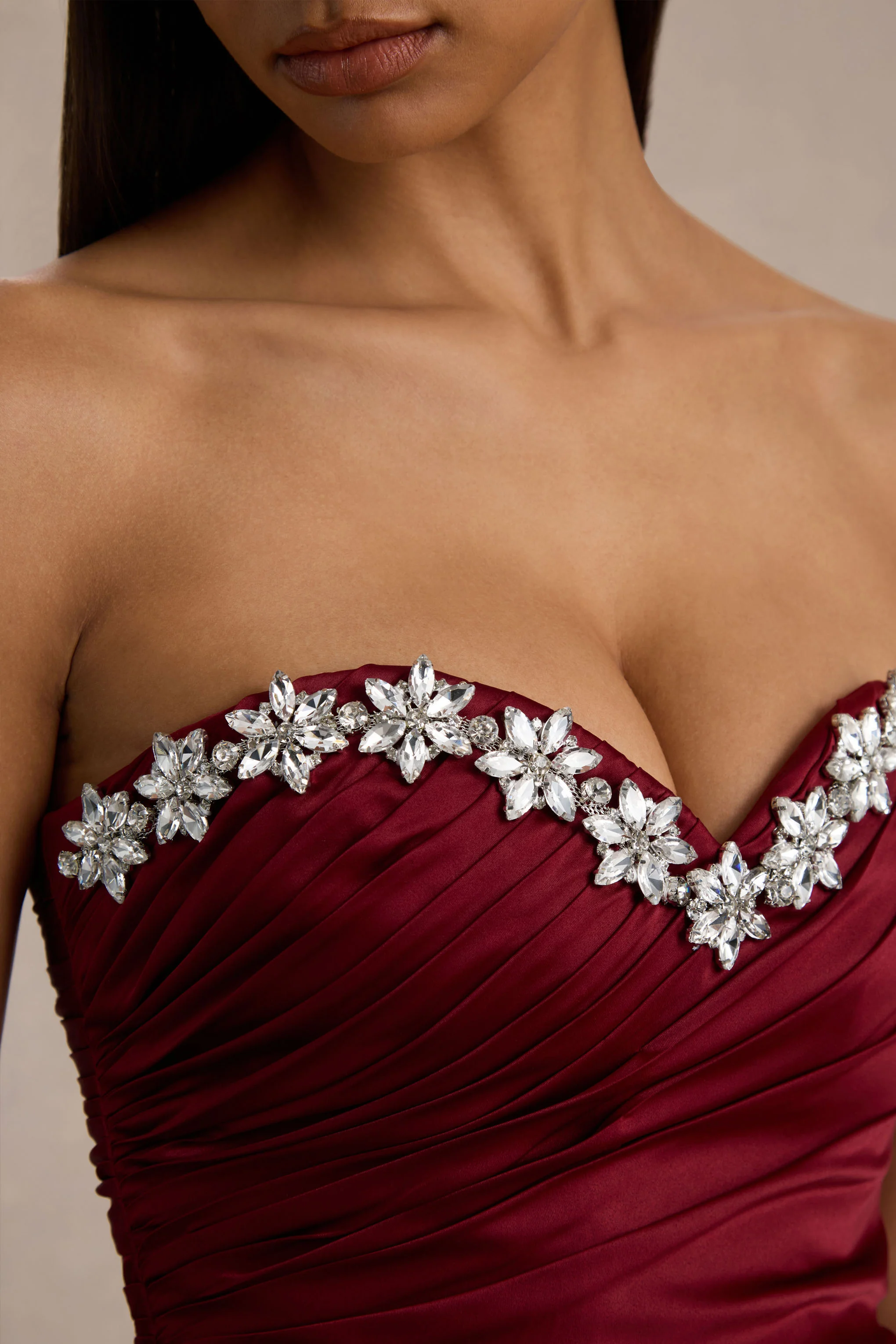Milia | Burgundy Satin Hand-Embellished Strapless Corset Maxi Dress - Image 2