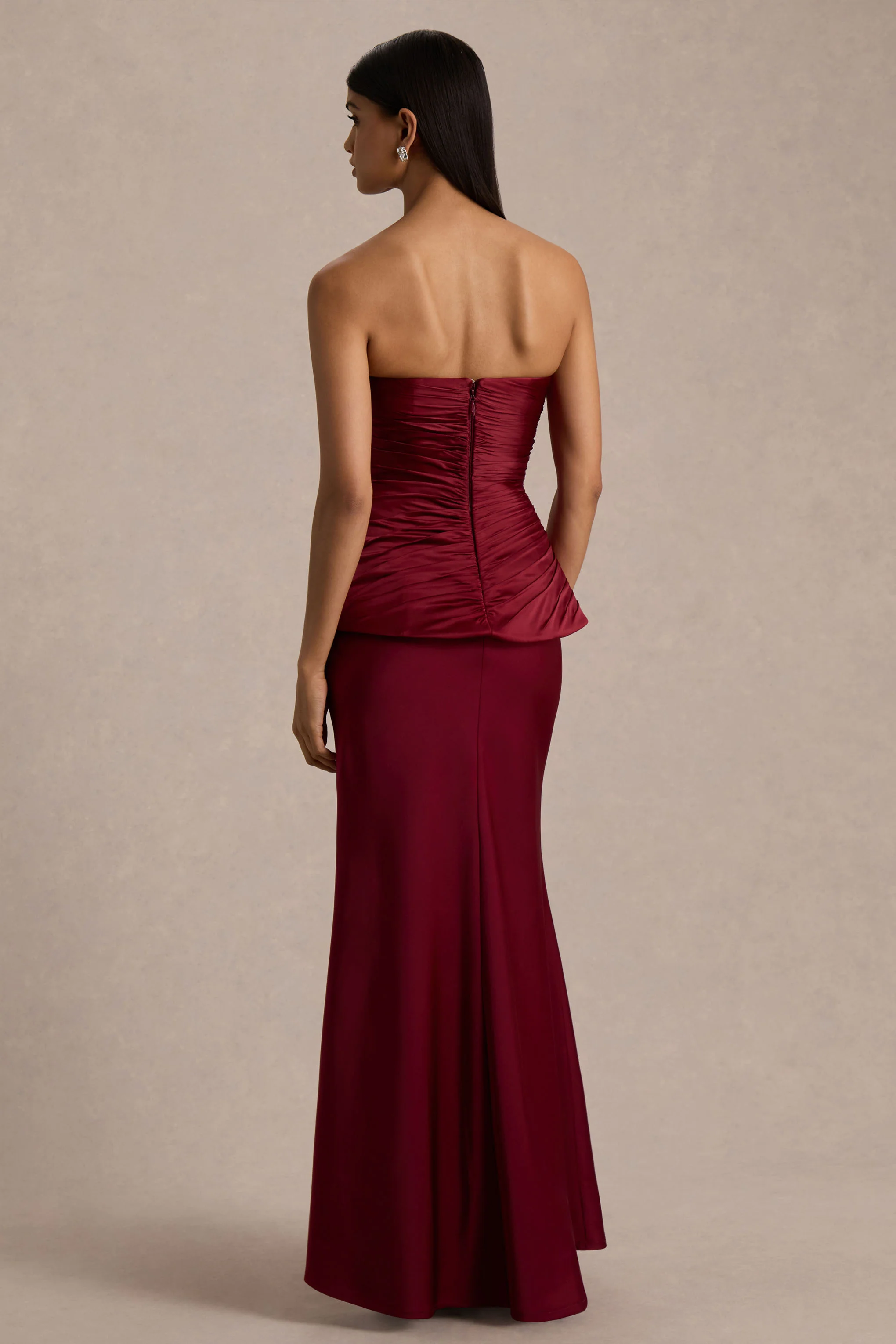 Milia | Burgundy Satin Hand-Embellished Strapless Corset Maxi Dress - Image 3