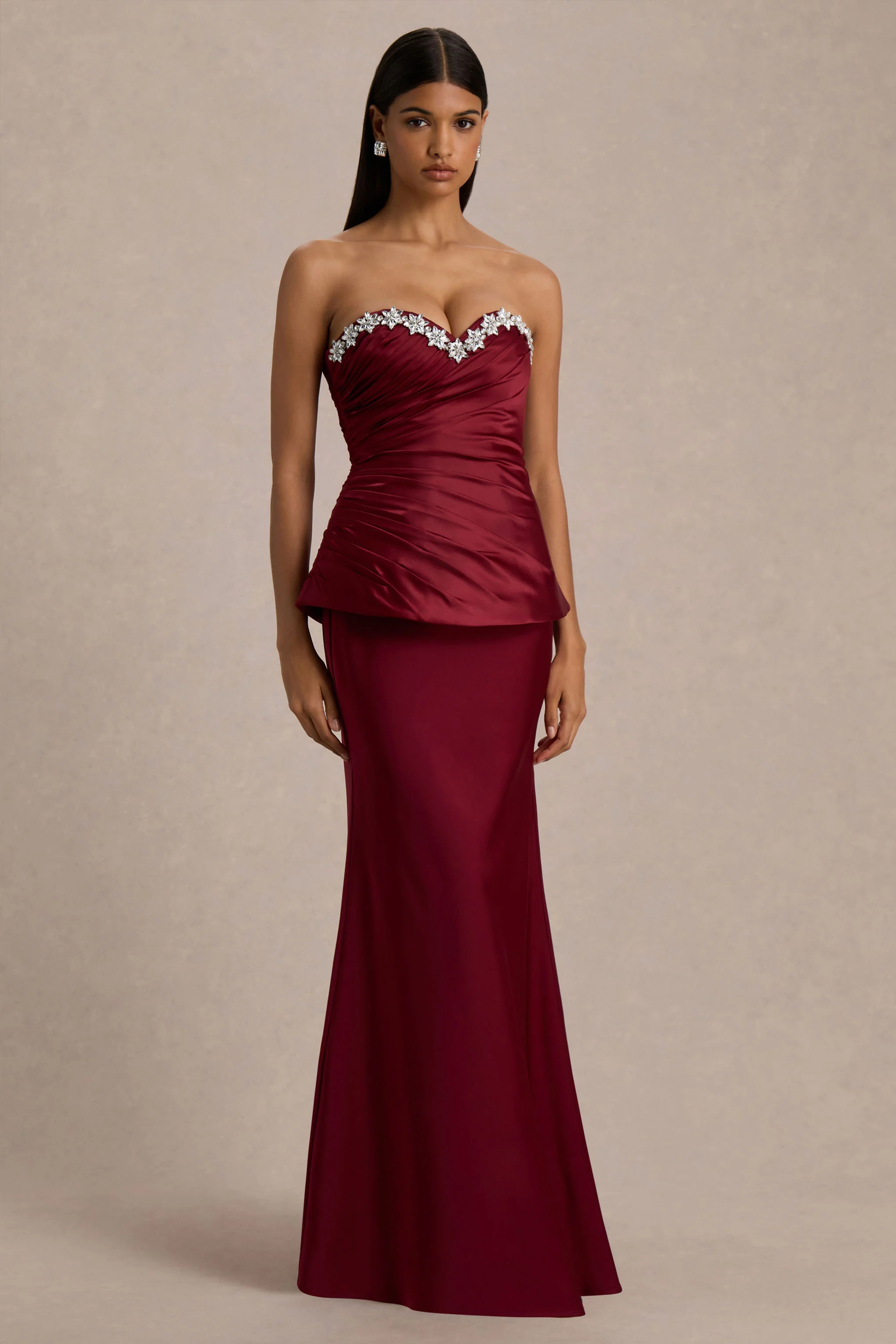 Milia | Burgundy Satin Hand-Embellished Strapless Corset Maxi Dress - Image 4