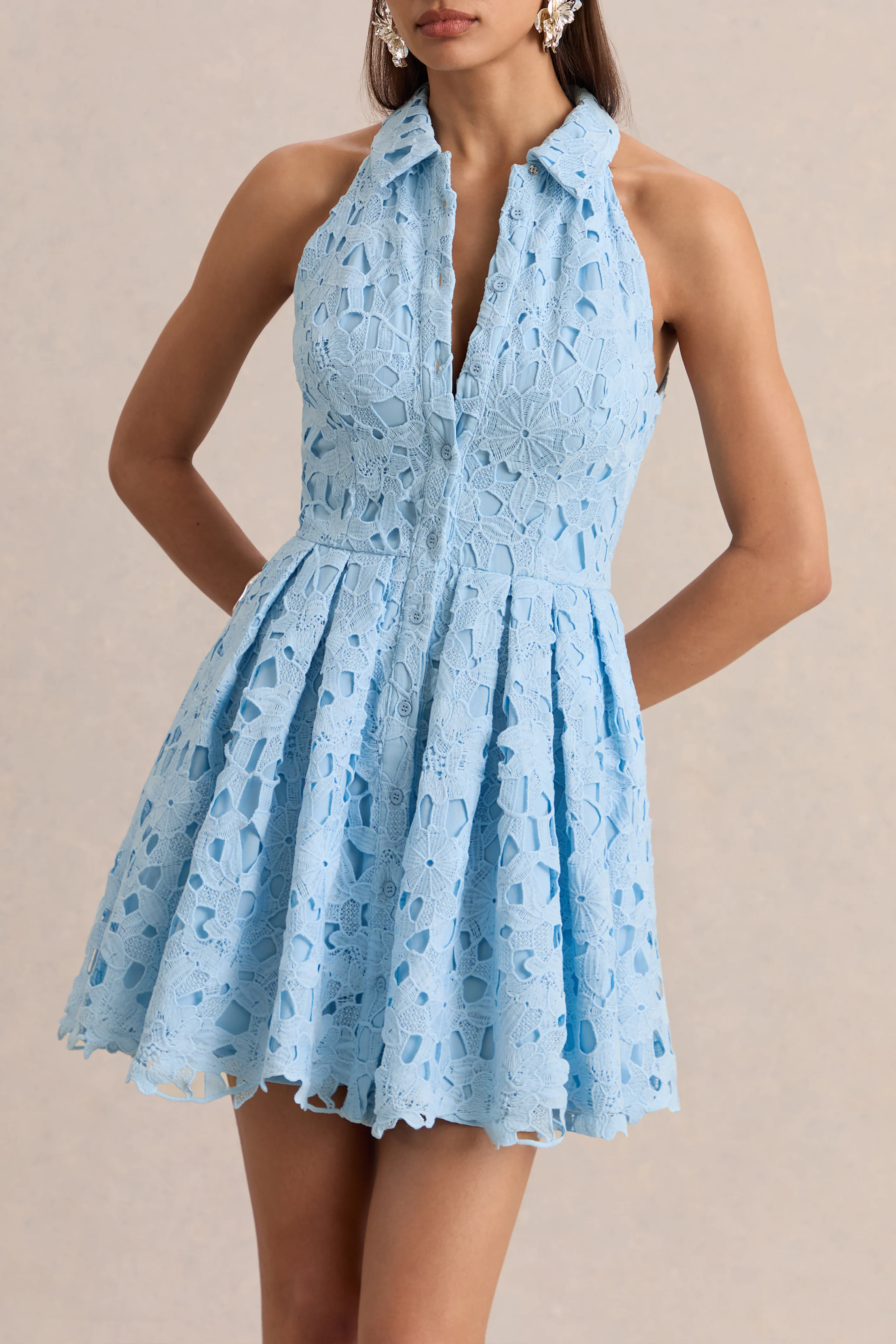 Milly | Powder Blue Lace Halter-Neck Mini Dress - Image 4