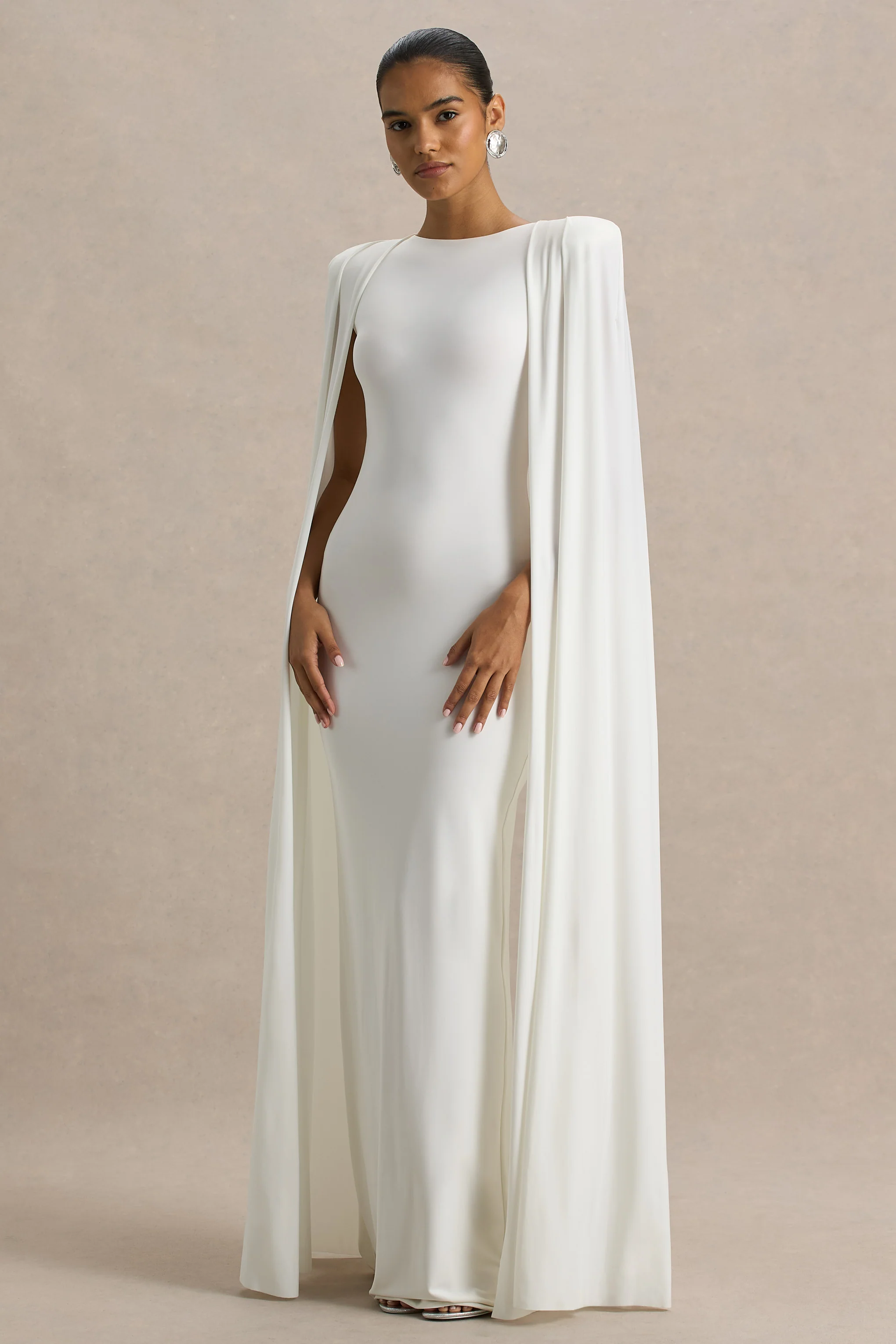 Mimi | White Slashed-Neck Maxi Dress With Cape Sleeve Detail - Image 3