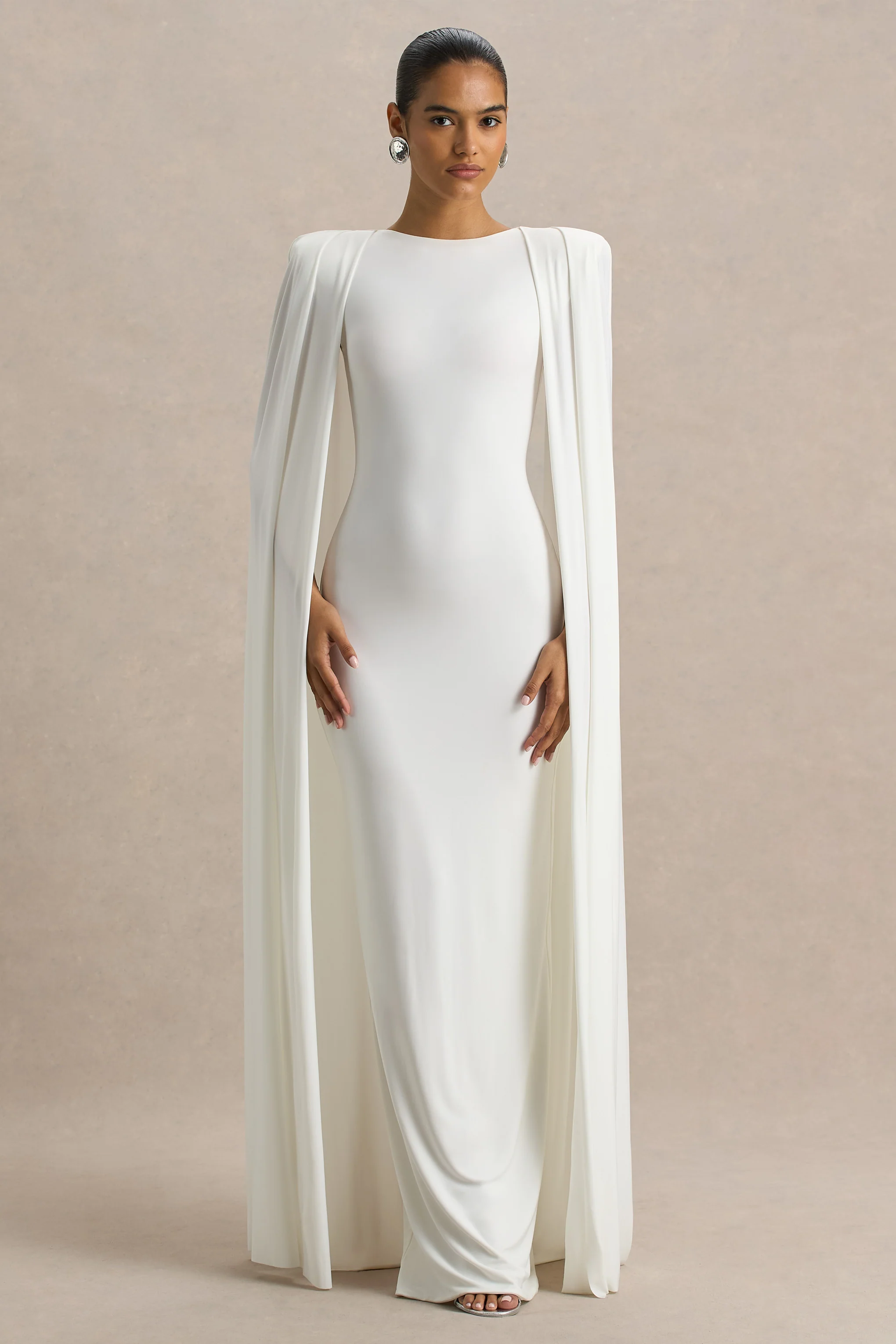 Mimi | White Slashed-Neck Maxi Dress With Cape Sleeve Detail - Image 5