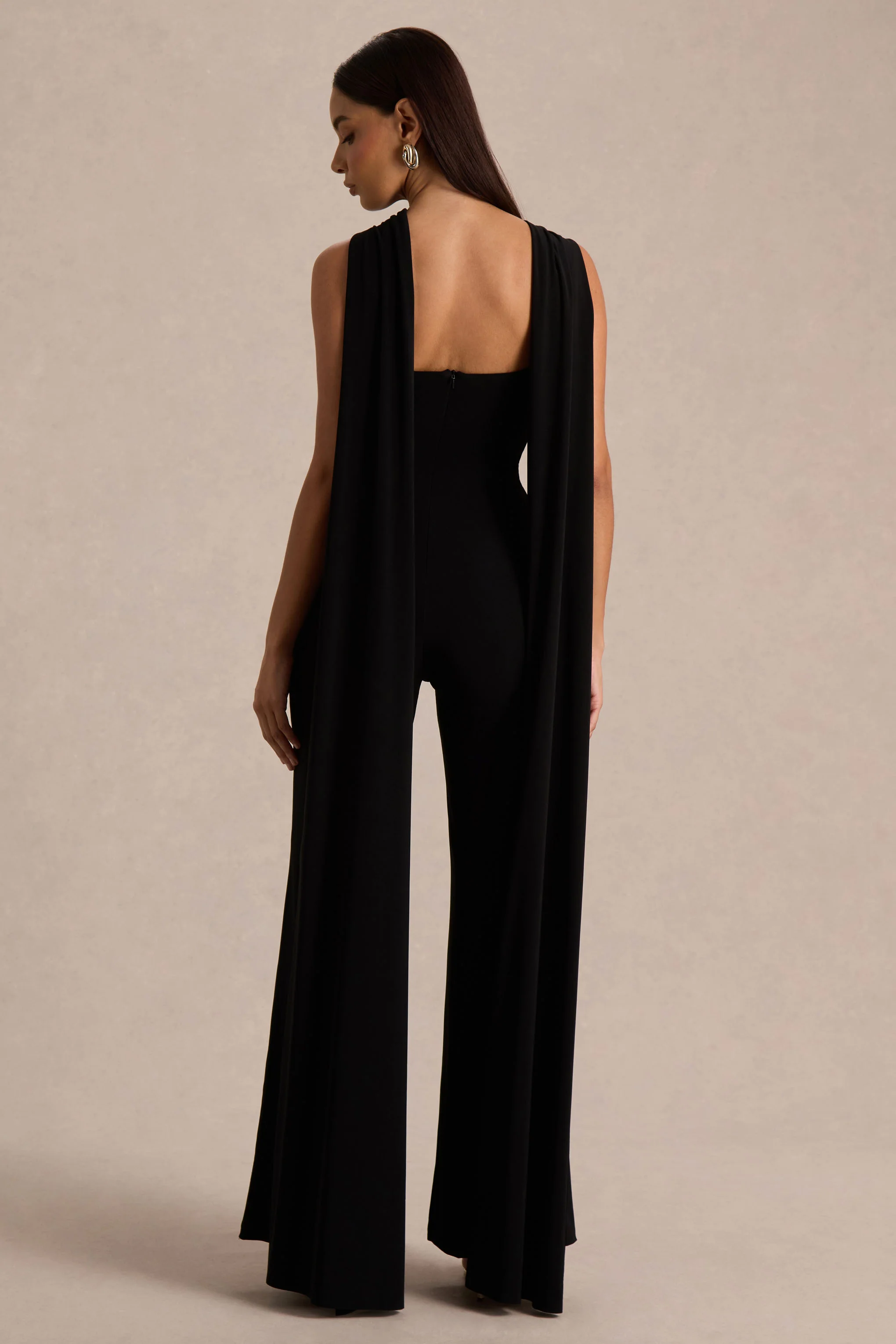 Mindy | Black Twist Halter-Neck Jumpsuit With Cape - Image 2