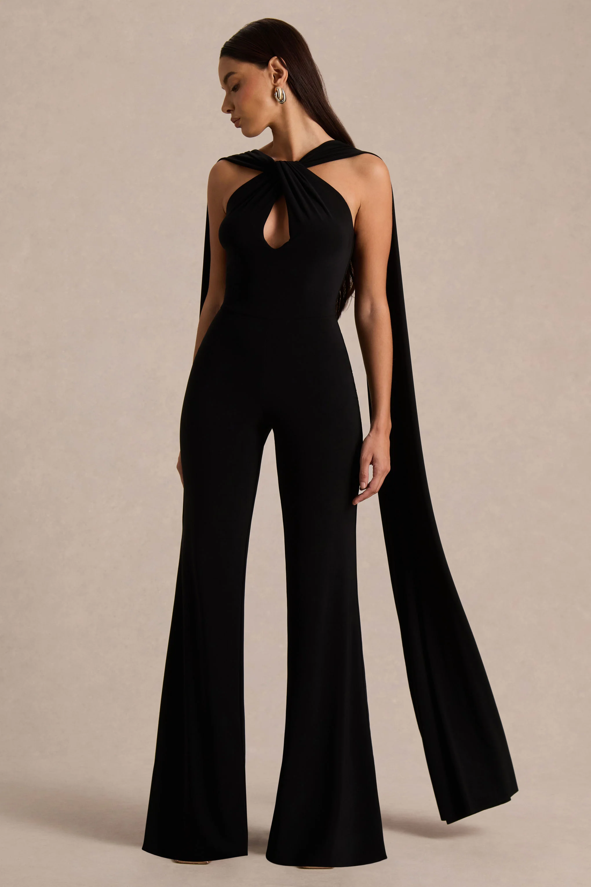 Mindy | Black Twist Halter-Neck Jumpsuit With Cape - Image 4