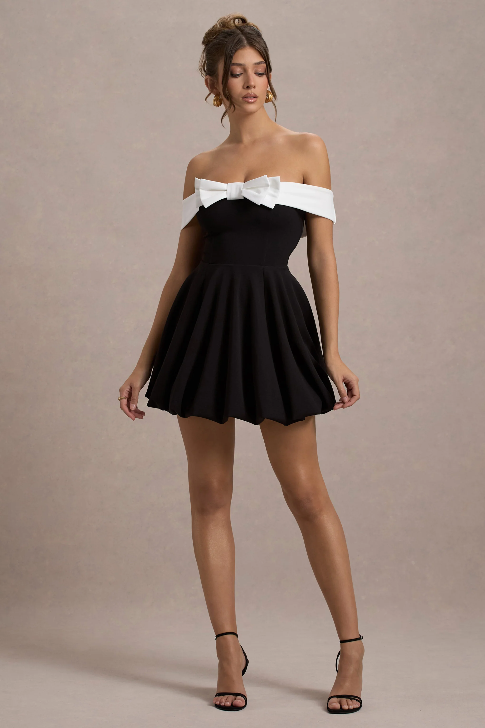 Minimoiselle | Black & White Bow Bardot Mini Dress With Puff-Ball Skirt - Image 4