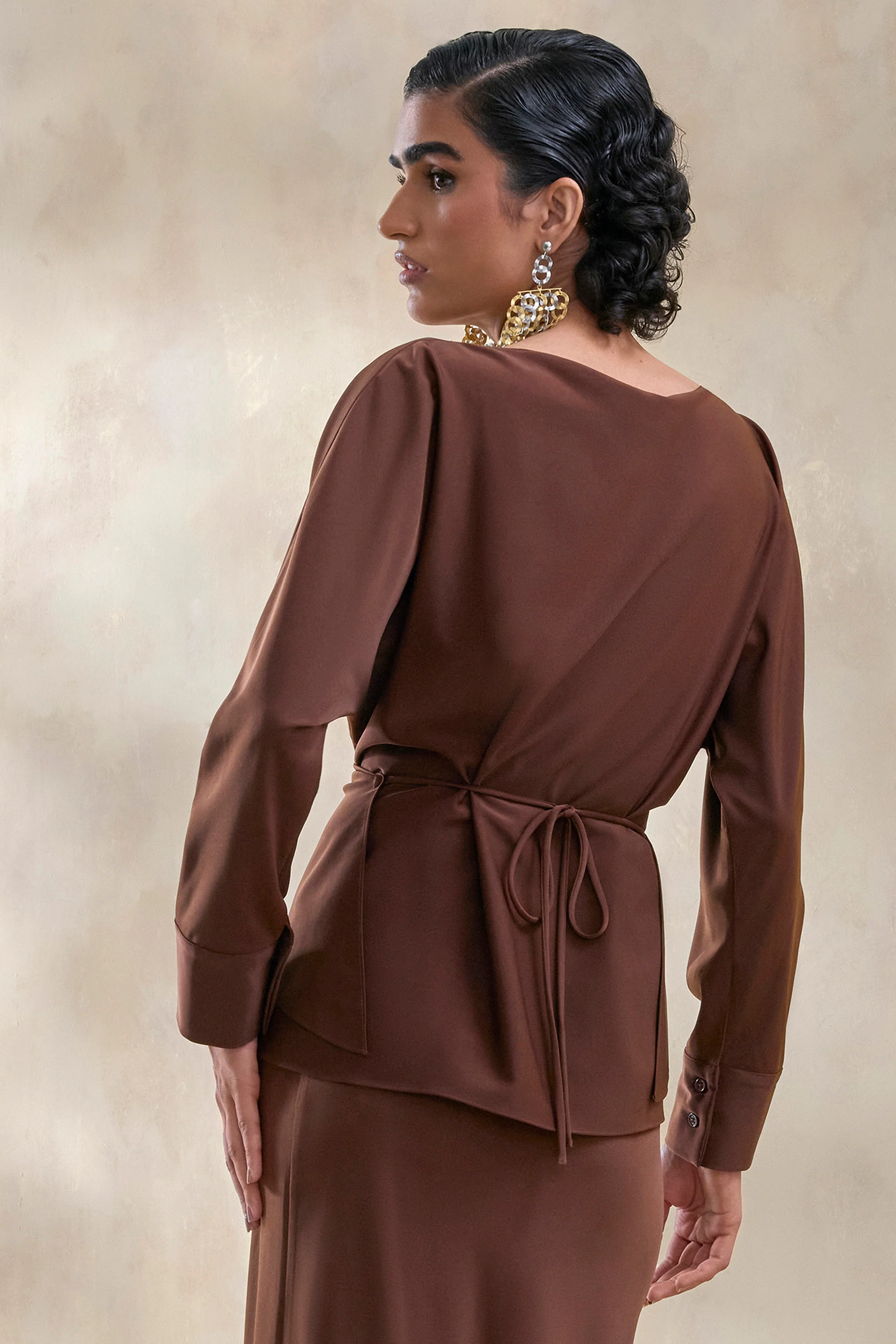 Miravia | Brown Satin Wide-Neck Long-Sleeve Top - Image 2