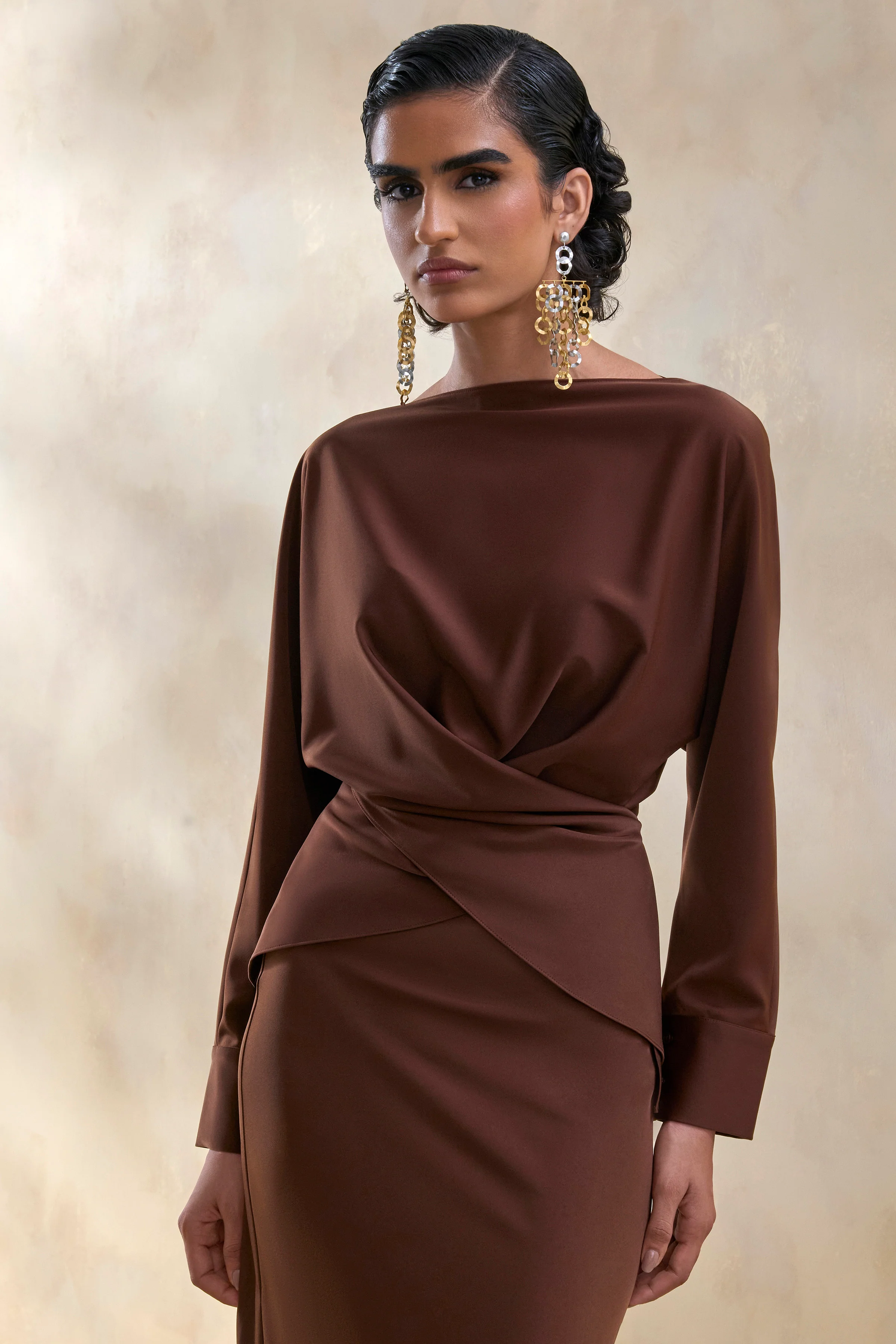 Miravia | Brown Satin Wide-Neck Long-Sleeve Top - Image 4