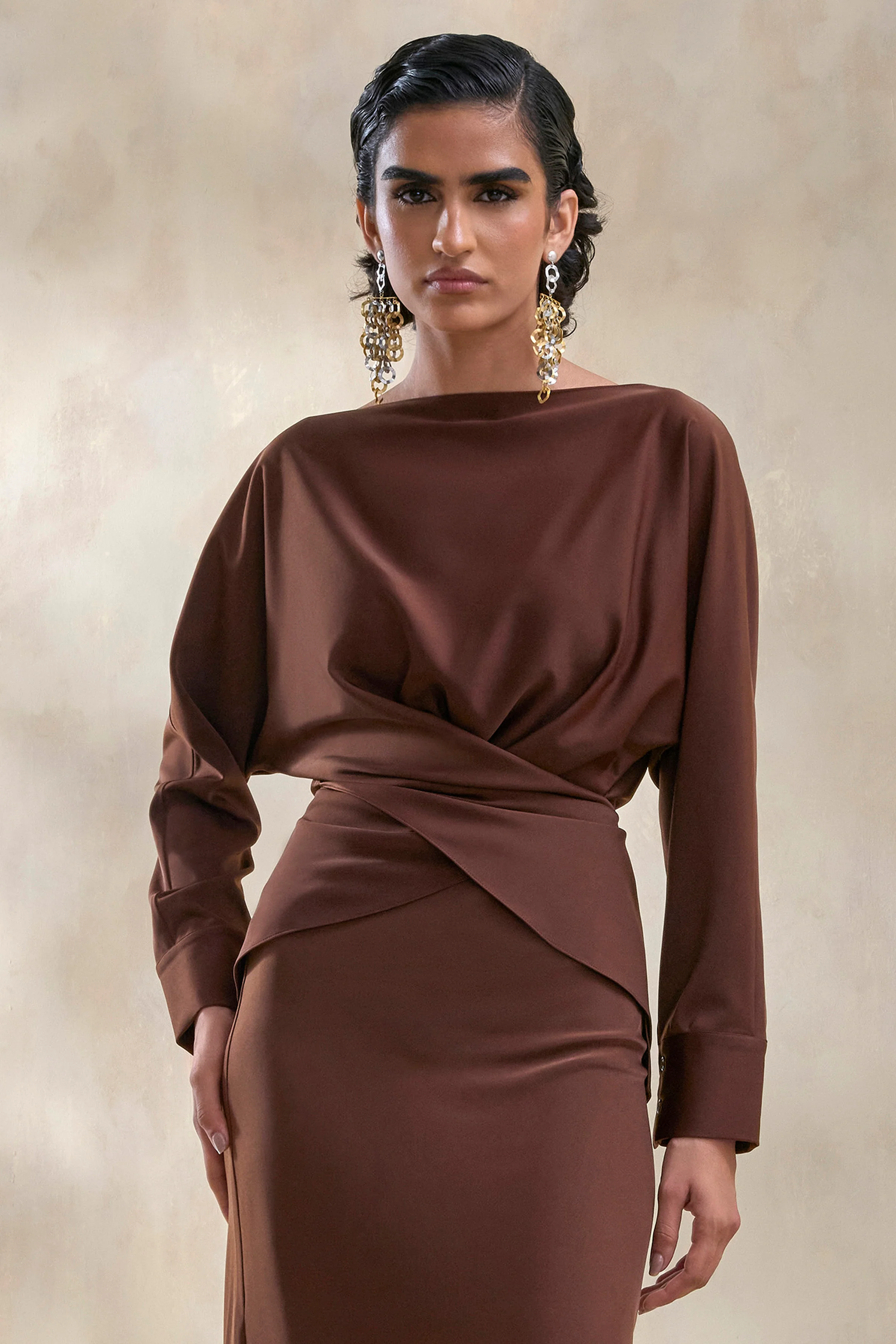 Miravia | Brown Satin Wide-Neck Long-Sleeve Top - Image 5