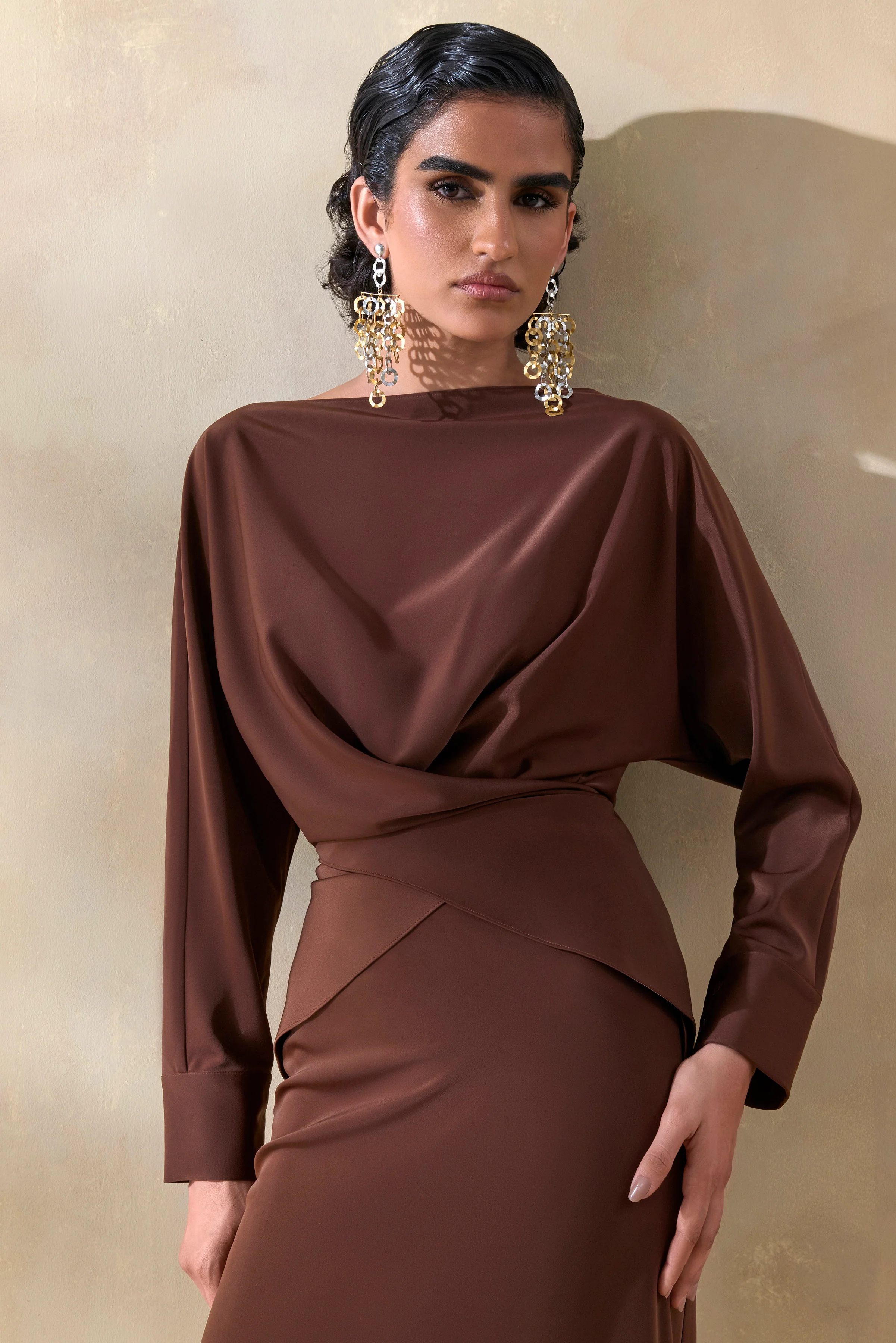 Miravia | Brown Satin Wide-Neck Long-Sleeve Top - Image 6