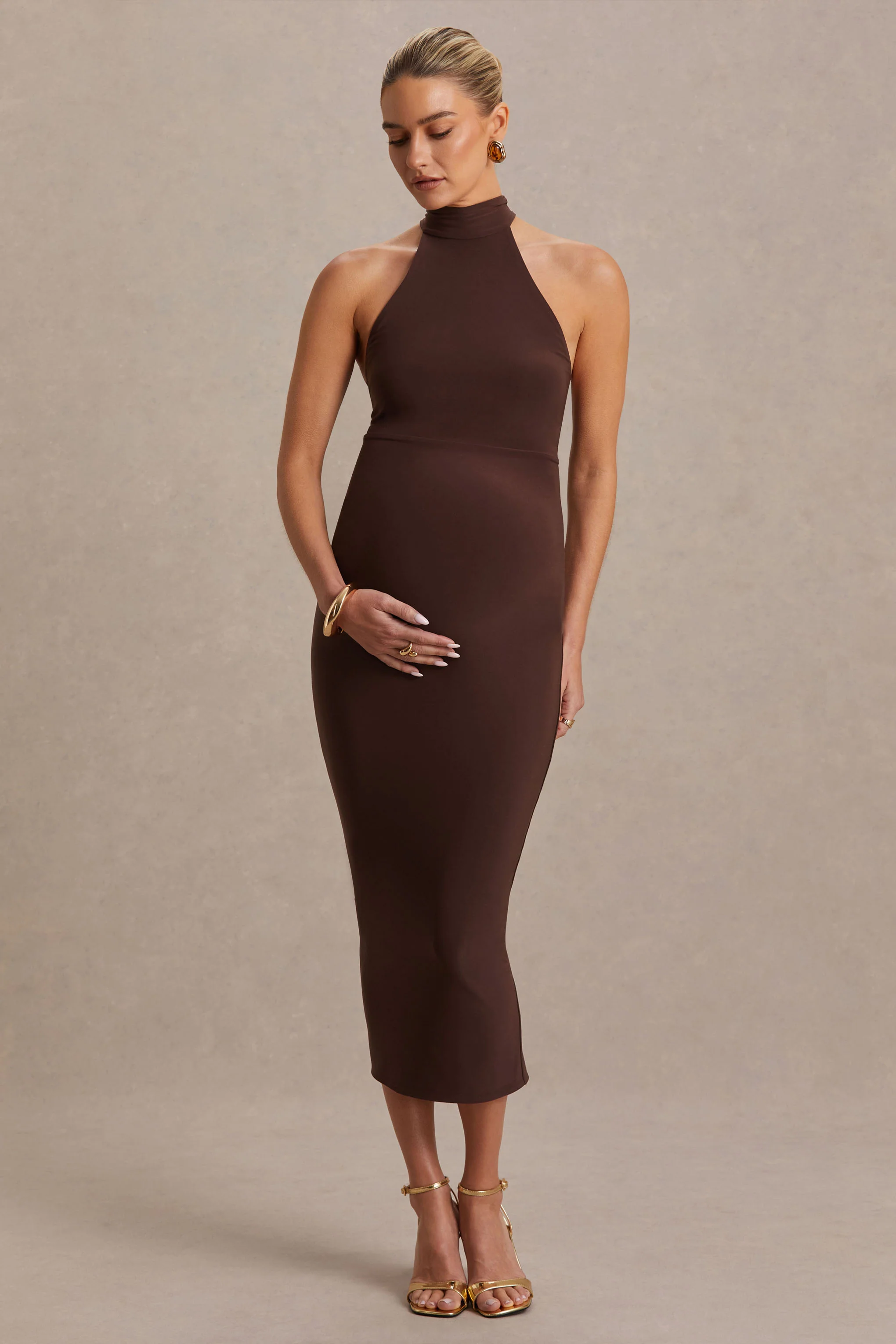 Mireille | Brown Halter-Neck Maternity Midi Dress - Image 5