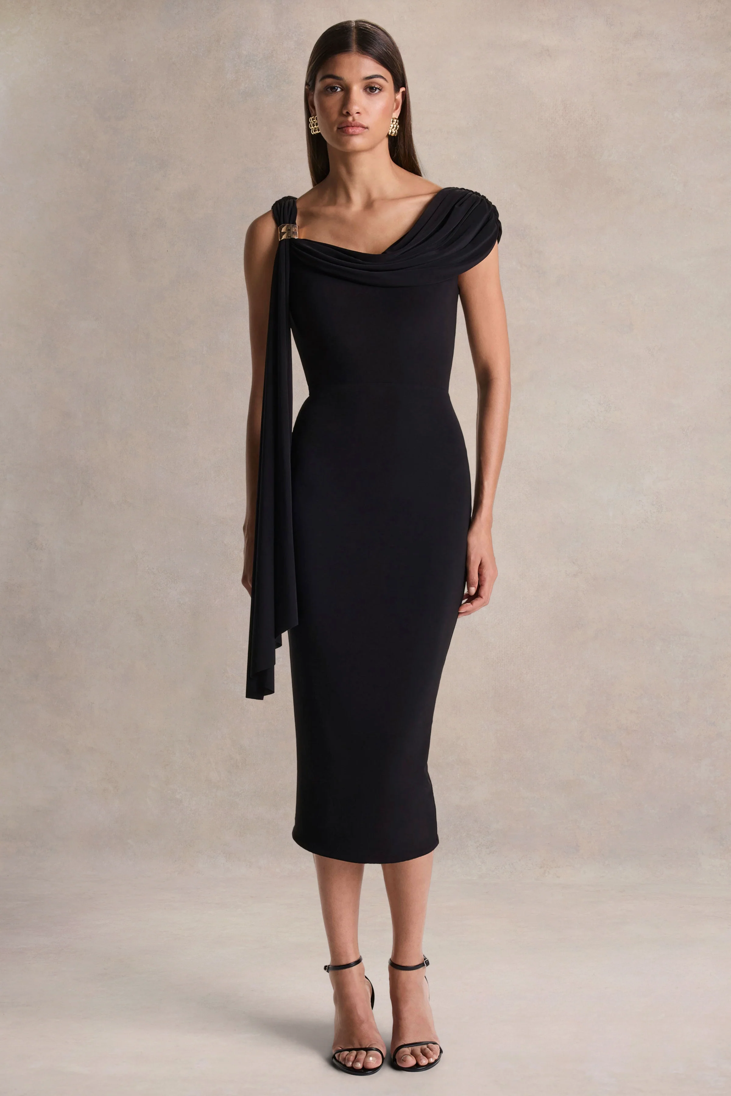 Mirelda | Black Asymmetric-Neck Midi Dress With Gold-Detail - Image 5