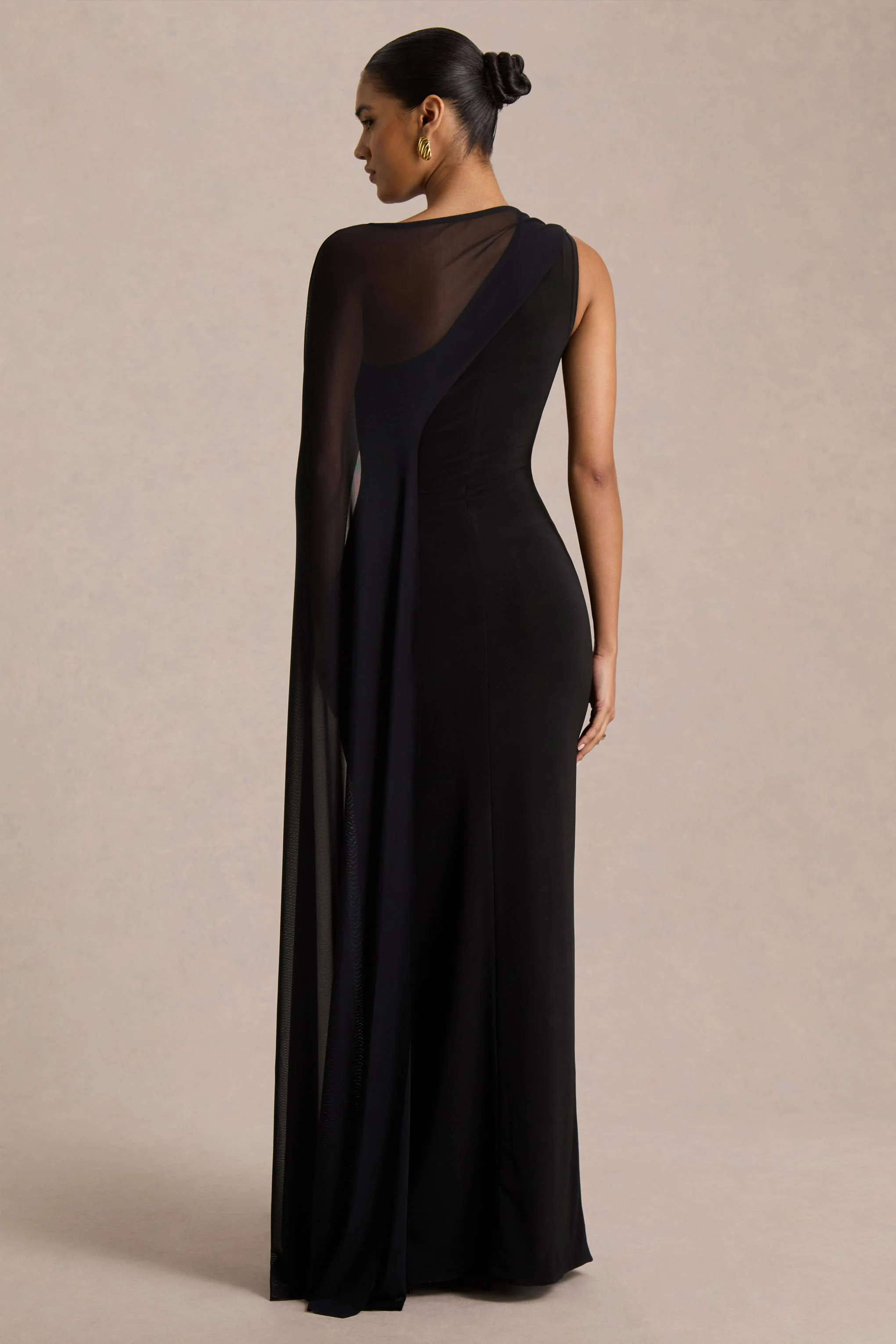 Mirelle | Black Asymmetric-Neck Maxi Dress With Sheer Cape-Sleeve - Image 2