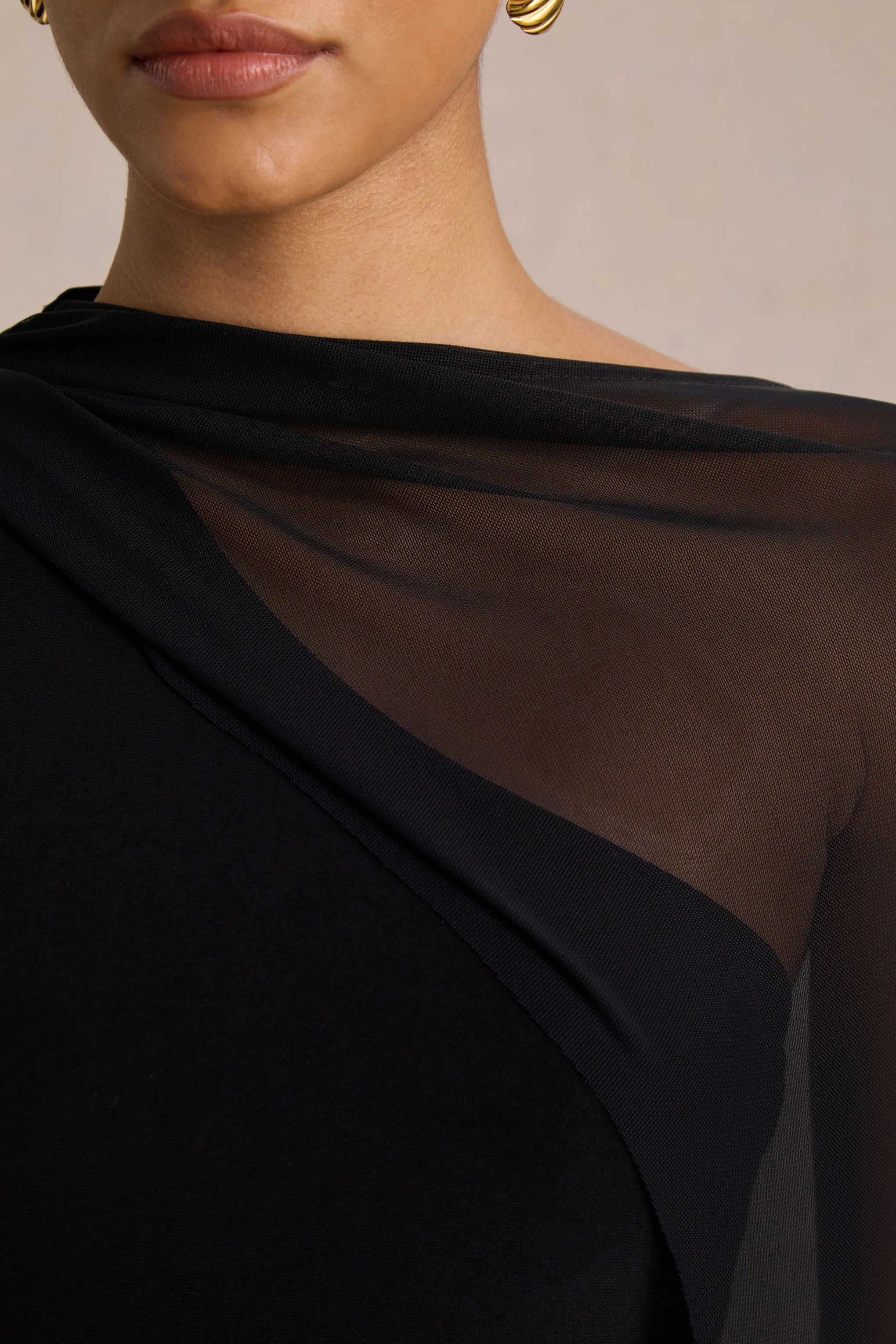 Mirelle | Black Asymmetric-Neck Maxi Dress With Sheer Cape-Sleeve - Image 3