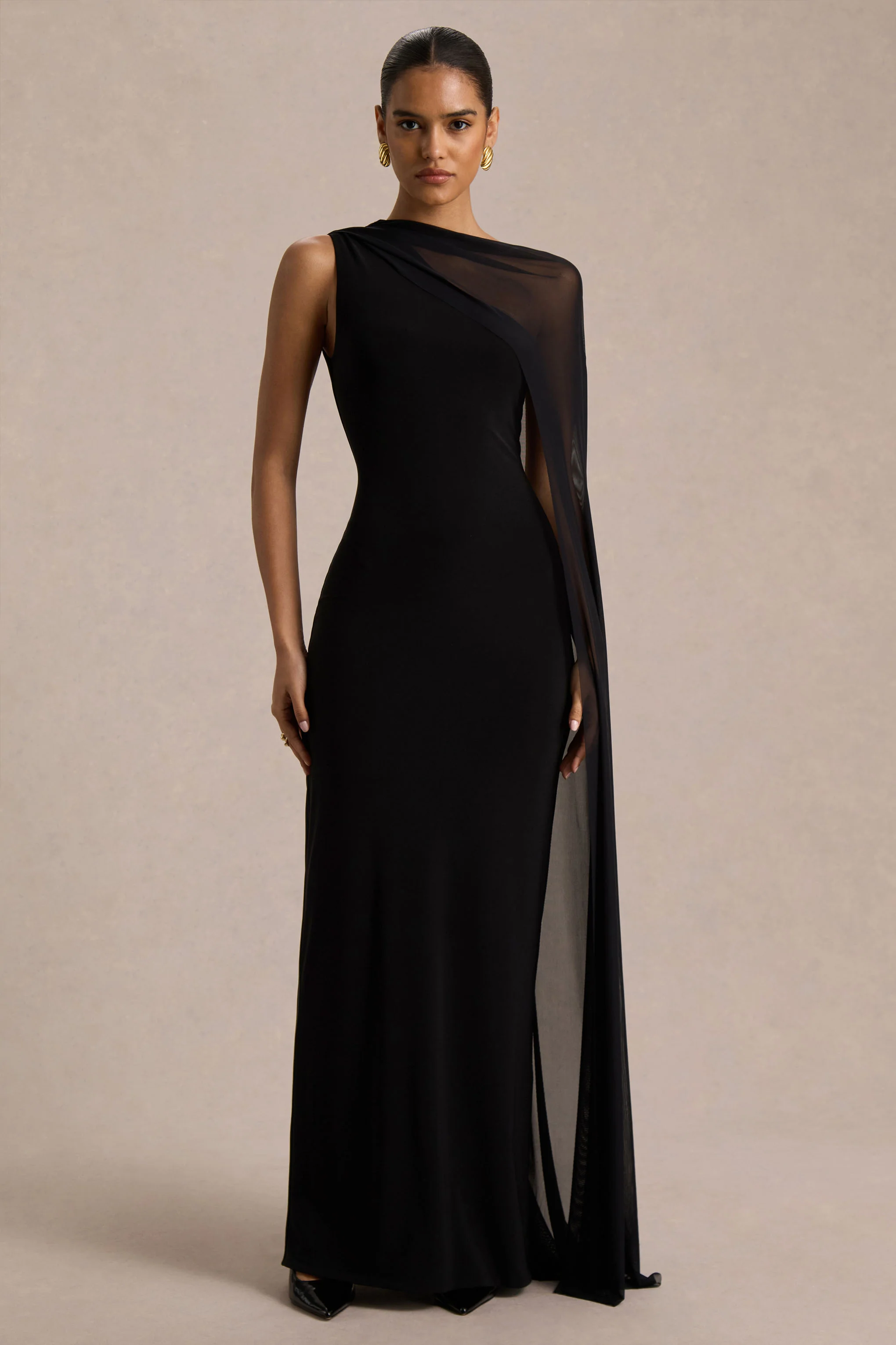 Mirelle | Black Asymmetric-Neck Maxi Dress With Sheer Cape-Sleeve - Image 4
