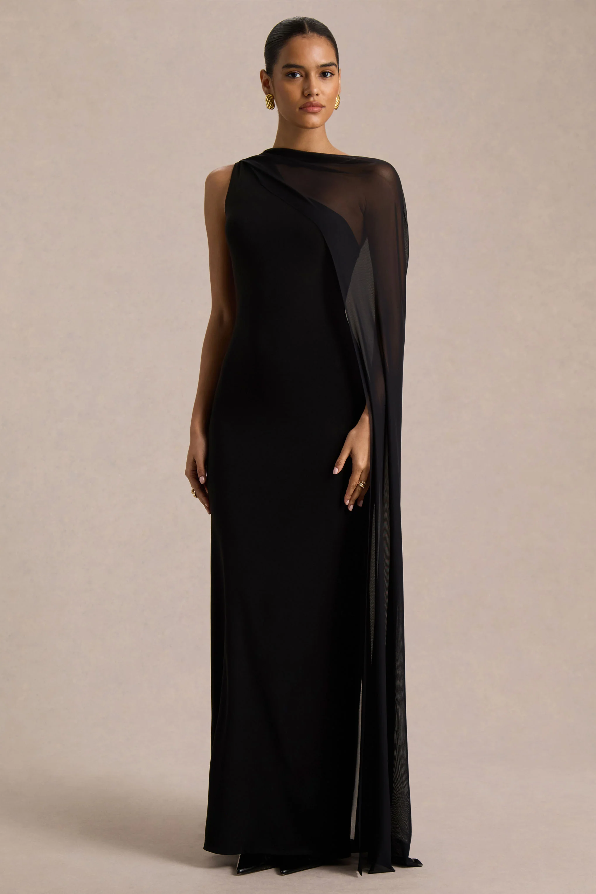 Mirelle | Black Asymmetric-Neck Maxi Dress With Sheer Cape-Sleeve - Image 5