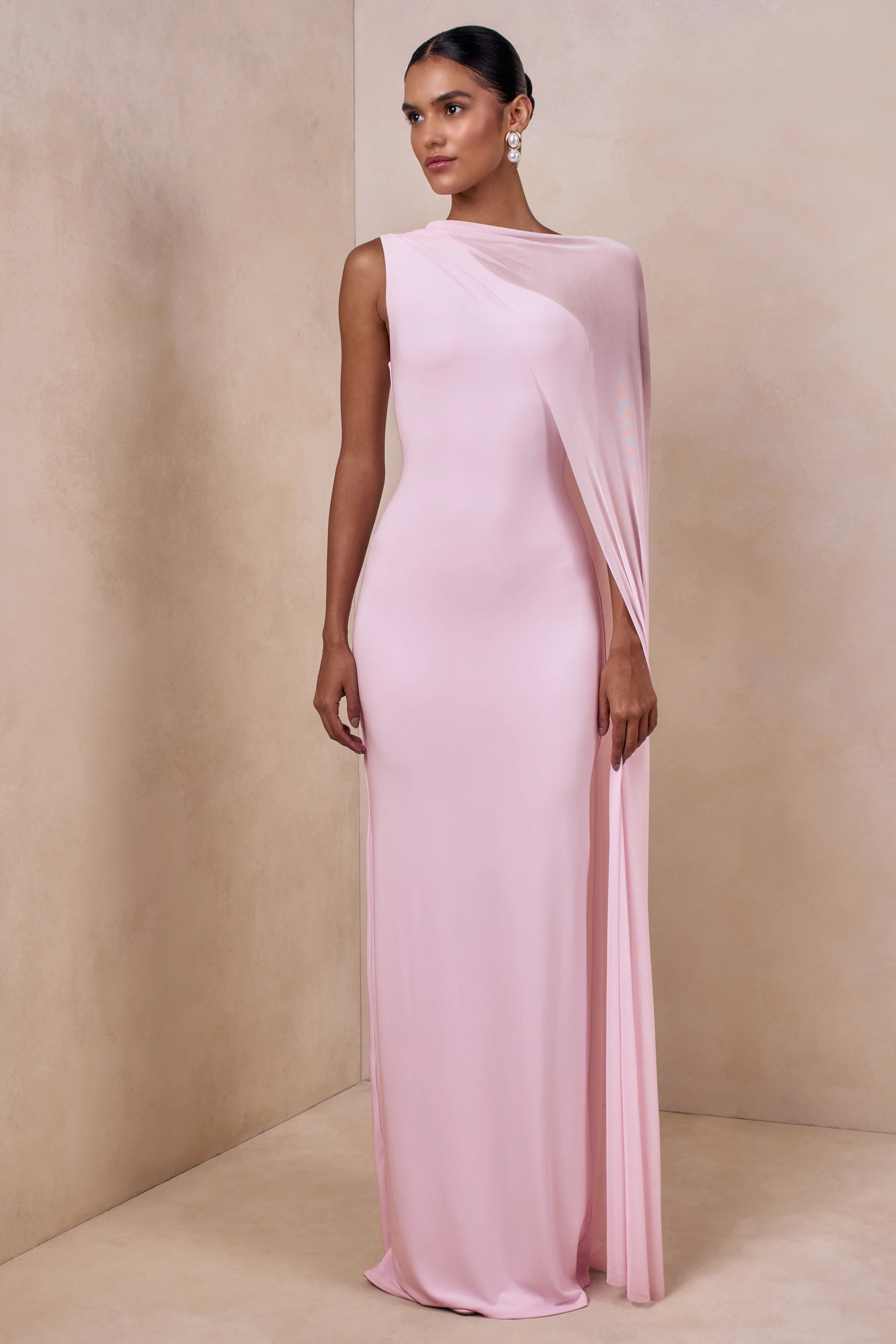 Mirelle | Light Pink Boat-Neck Maxi Dress With Cape-Sleeve - Image 4