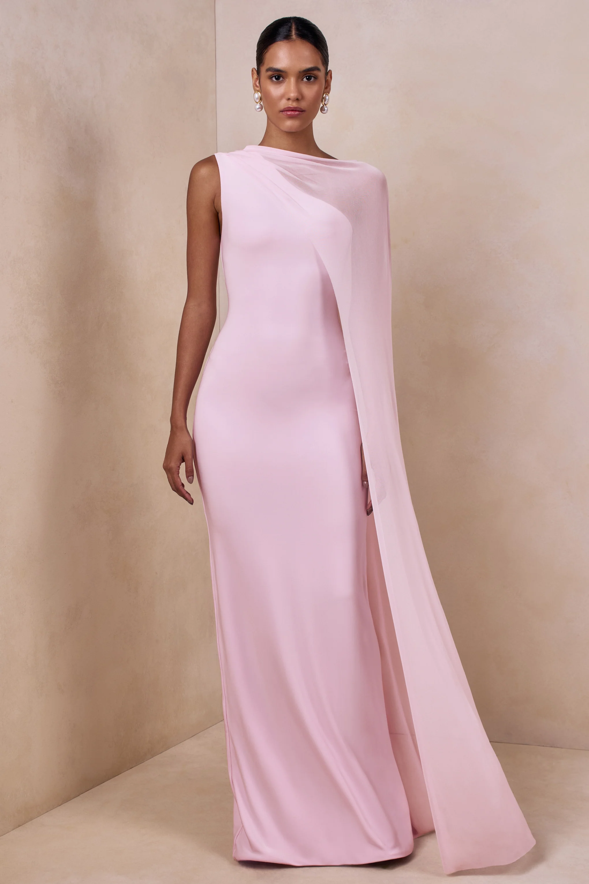 Mirelle | Light Pink Boat-Neck Maxi Dress With Cape-Sleeve - Image 5