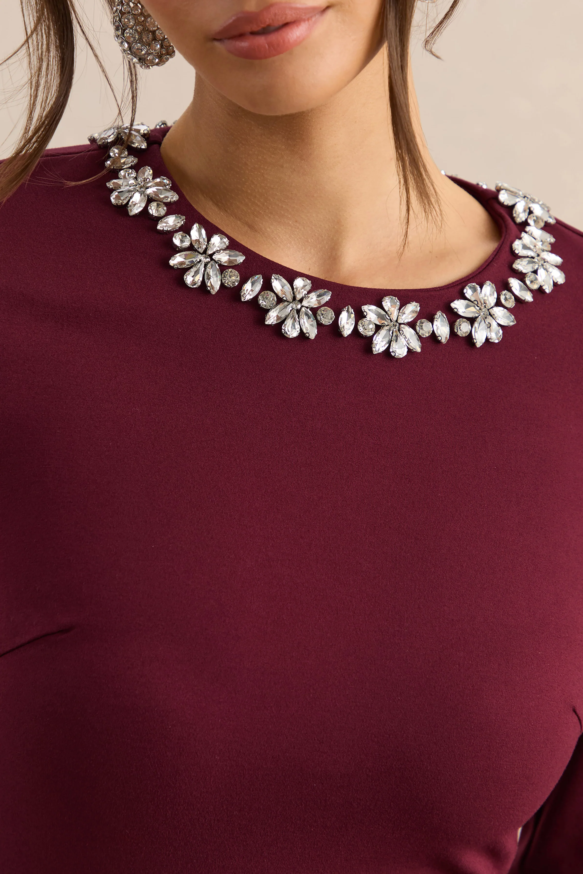 Mirna | Burgundy Crew-Neck Mini Dress With Bell Sleeves And Ruffled Detailing - Image 6