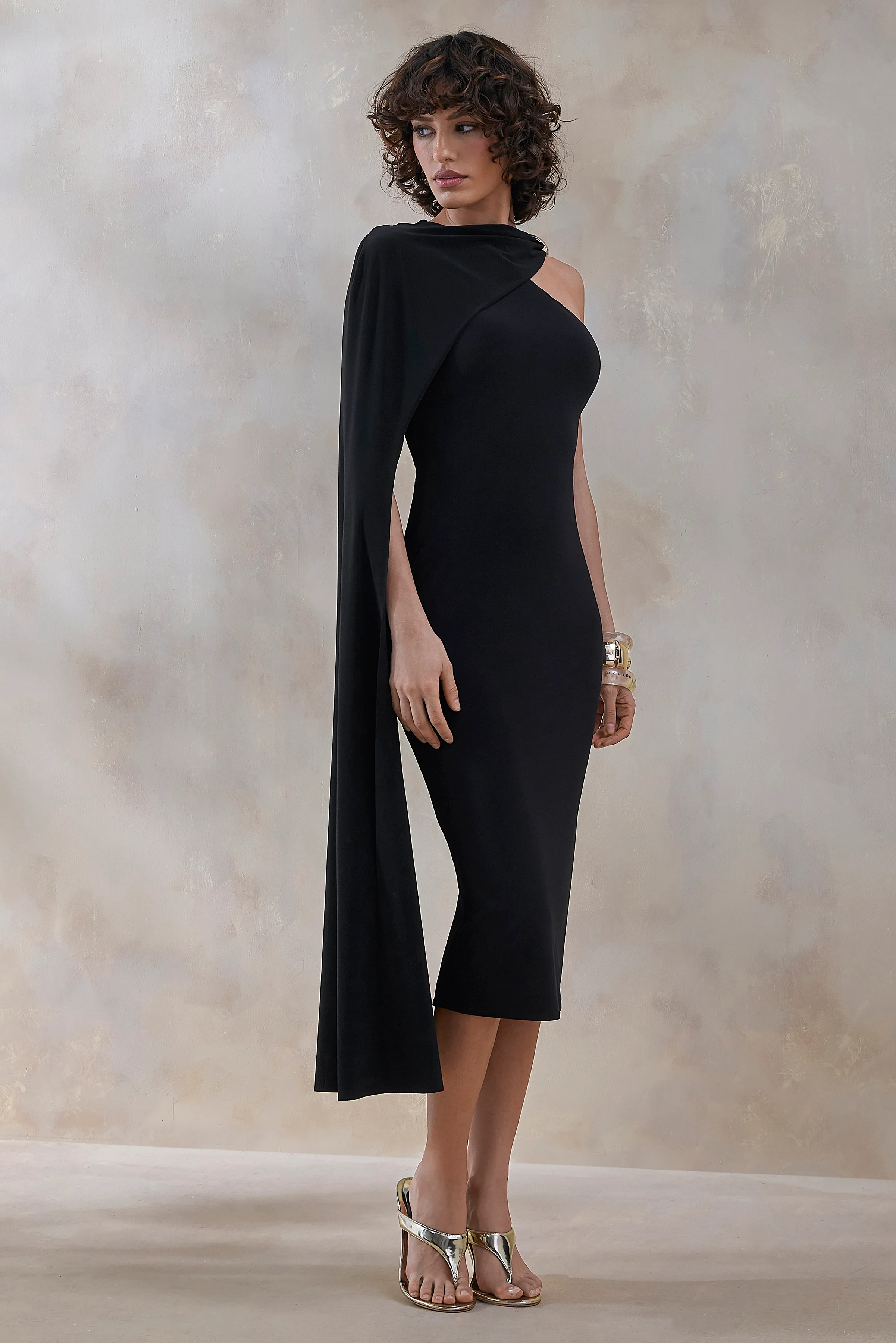 Misoria | Black High-Neck Midi-Dress With Cape-Sleeve - Image 4