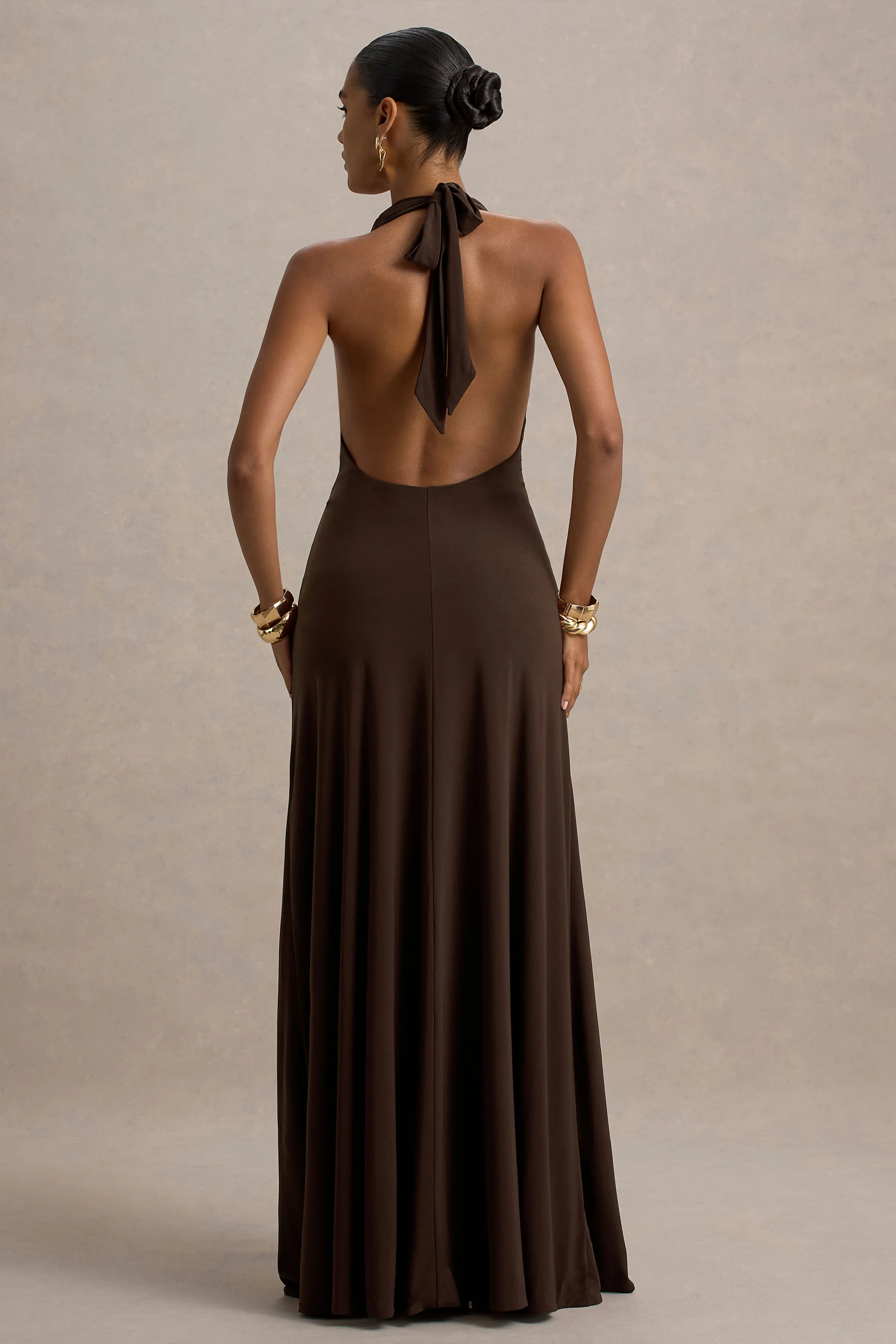 Mist | Brown Plunge-Neck Maxi Dress With Knot-Detail And Open-Back - Image 2