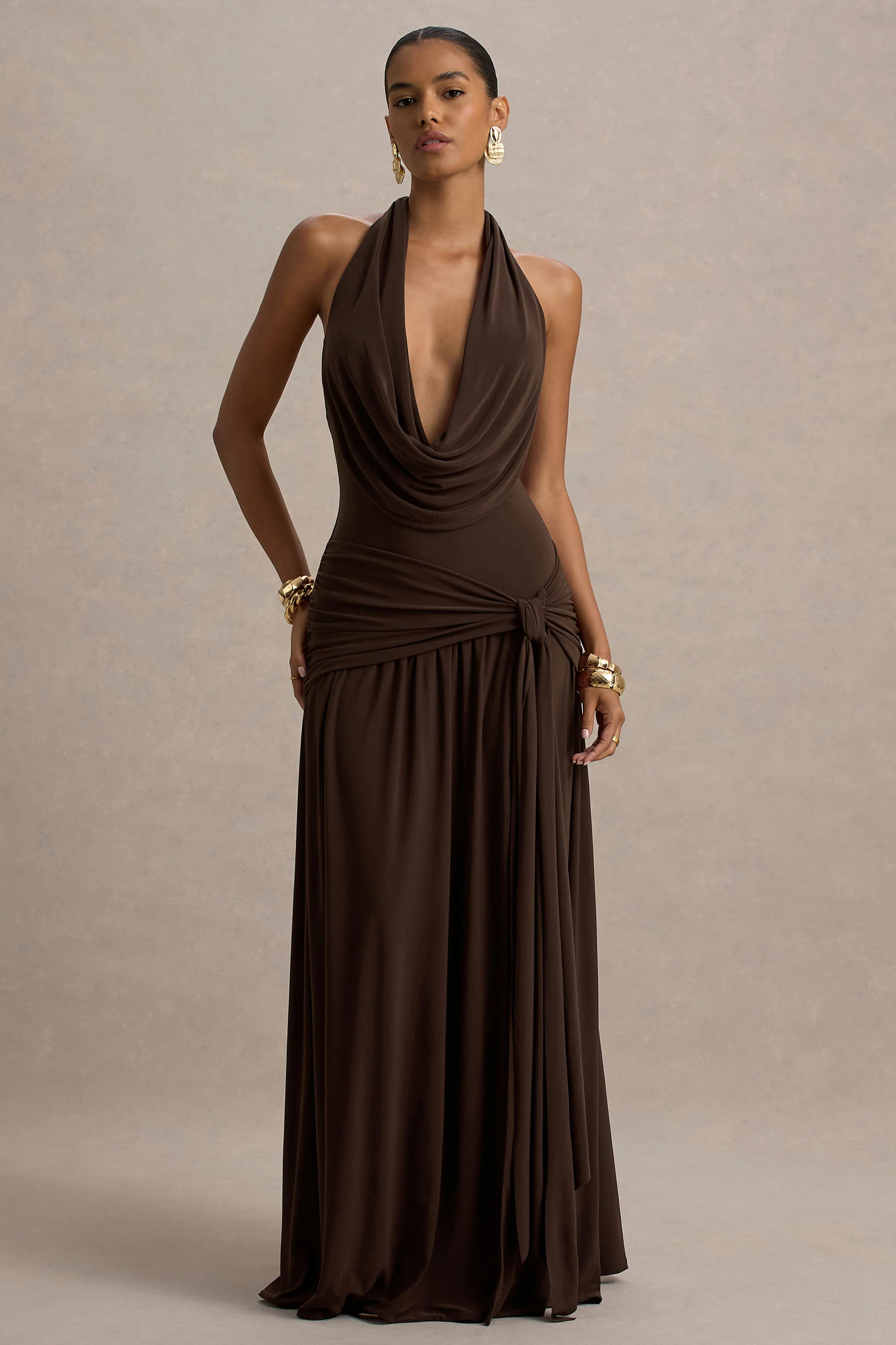 Mist | Brown Plunge-Neck Maxi Dress With Knot-Detail And Open-Back - Image 5