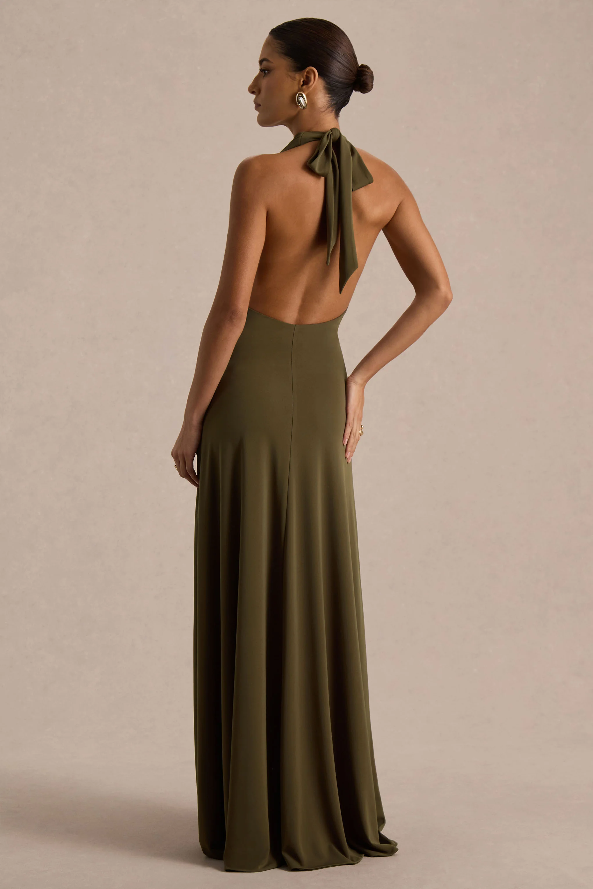 Mist | Olive Plunge-Neck Maxi Dress With Knot-Detail And Open-Back - Image 2