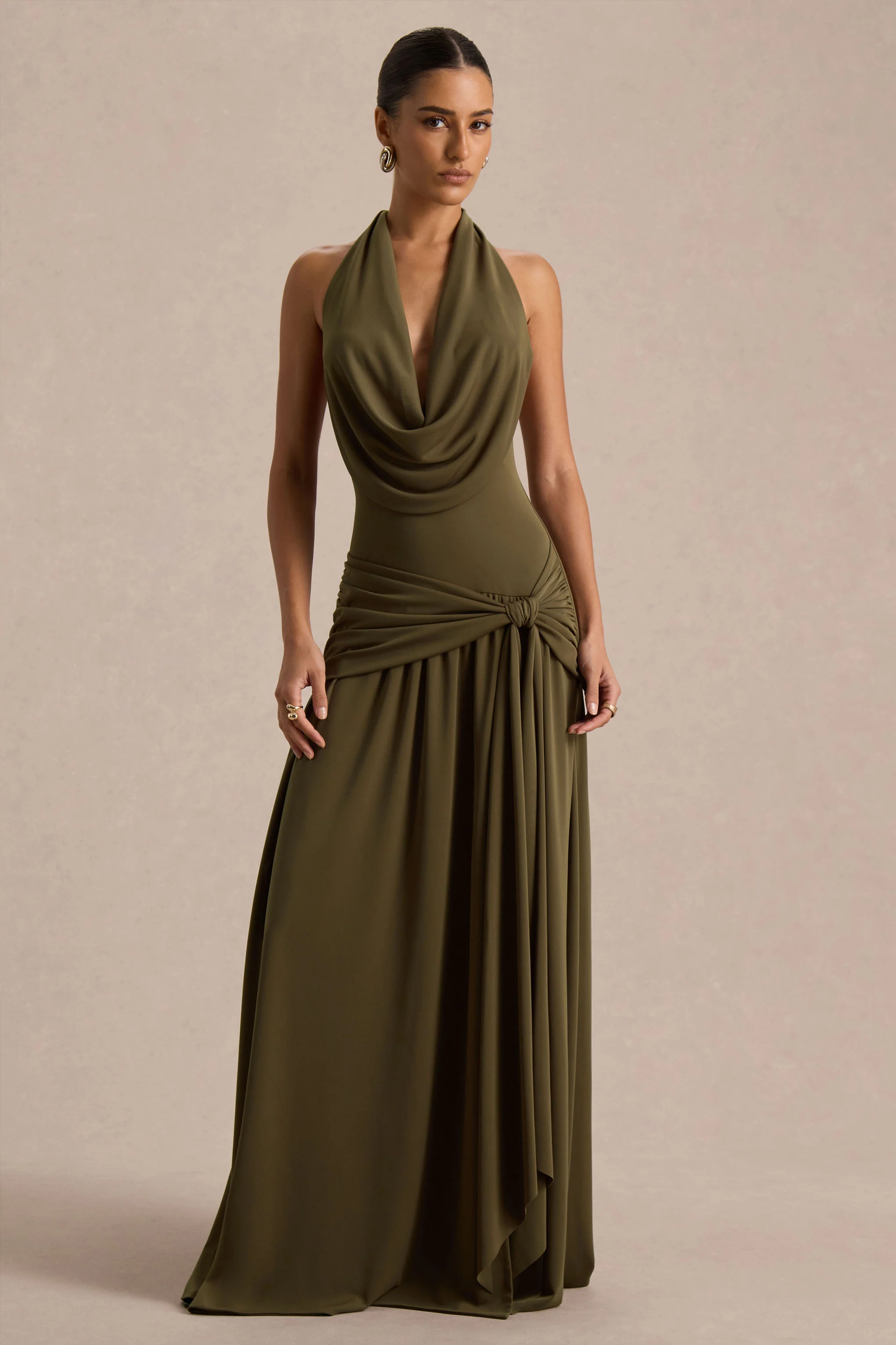 Mist | Olive Plunge-Neck Maxi Dress With Knot-Detail And Open-Back - Image 3