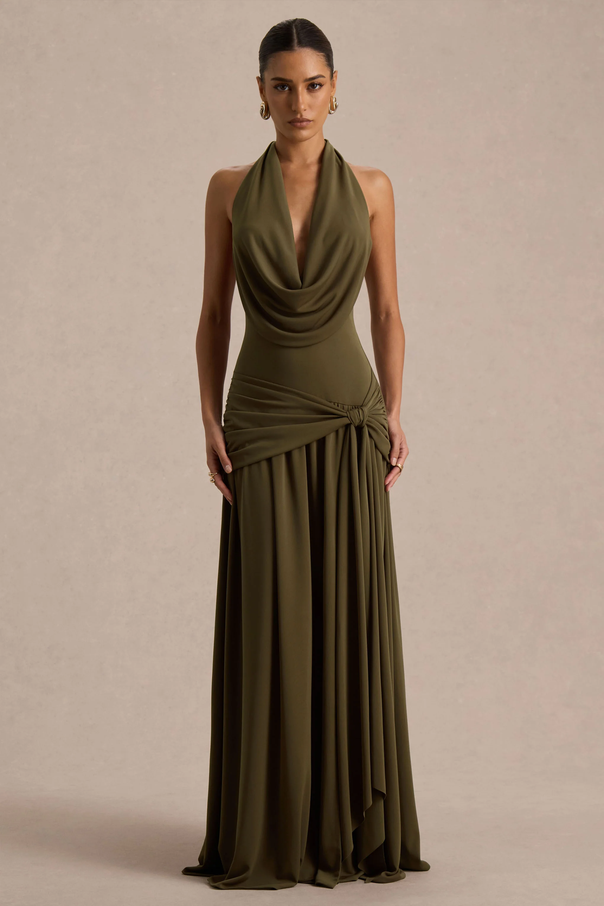 Mist | Olive Plunge-Neck Maxi Dress With Knot-Detail And Open-Back - Image 5