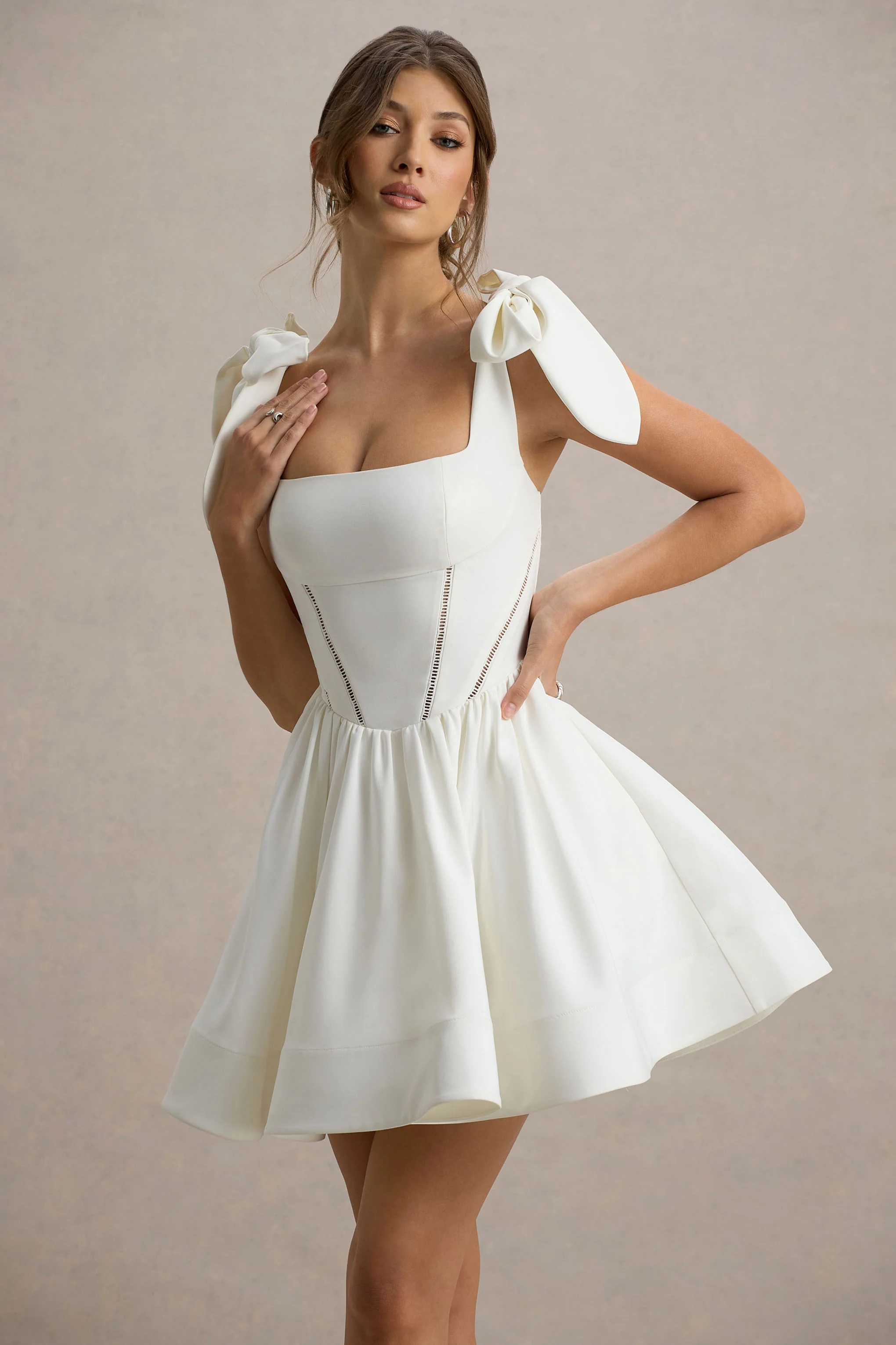 Mochi | White Skater Mini Dress With Bow Straps - Image 3