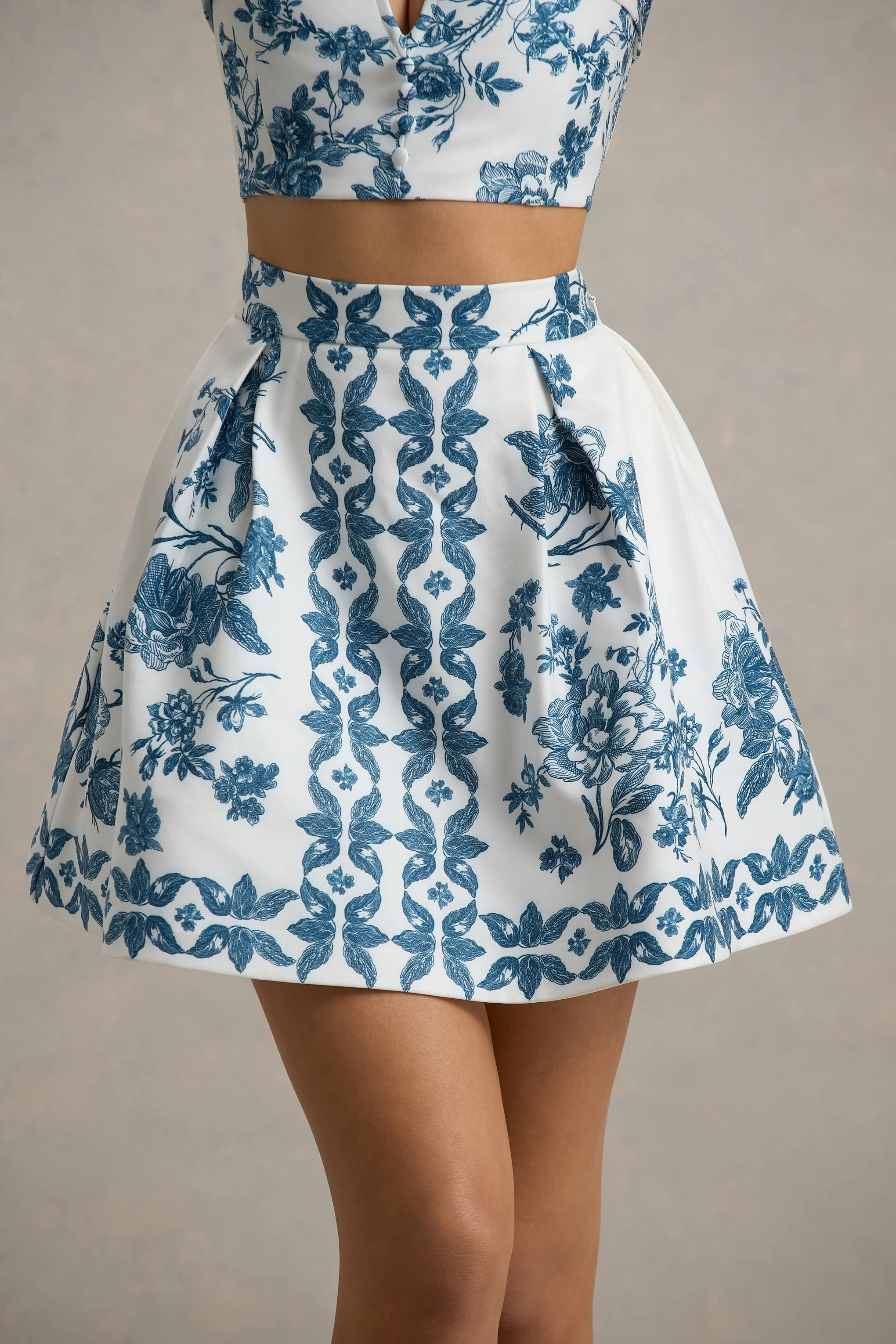 Modella | Blue Porcelain Print Skater Mini Skirt - Image 8