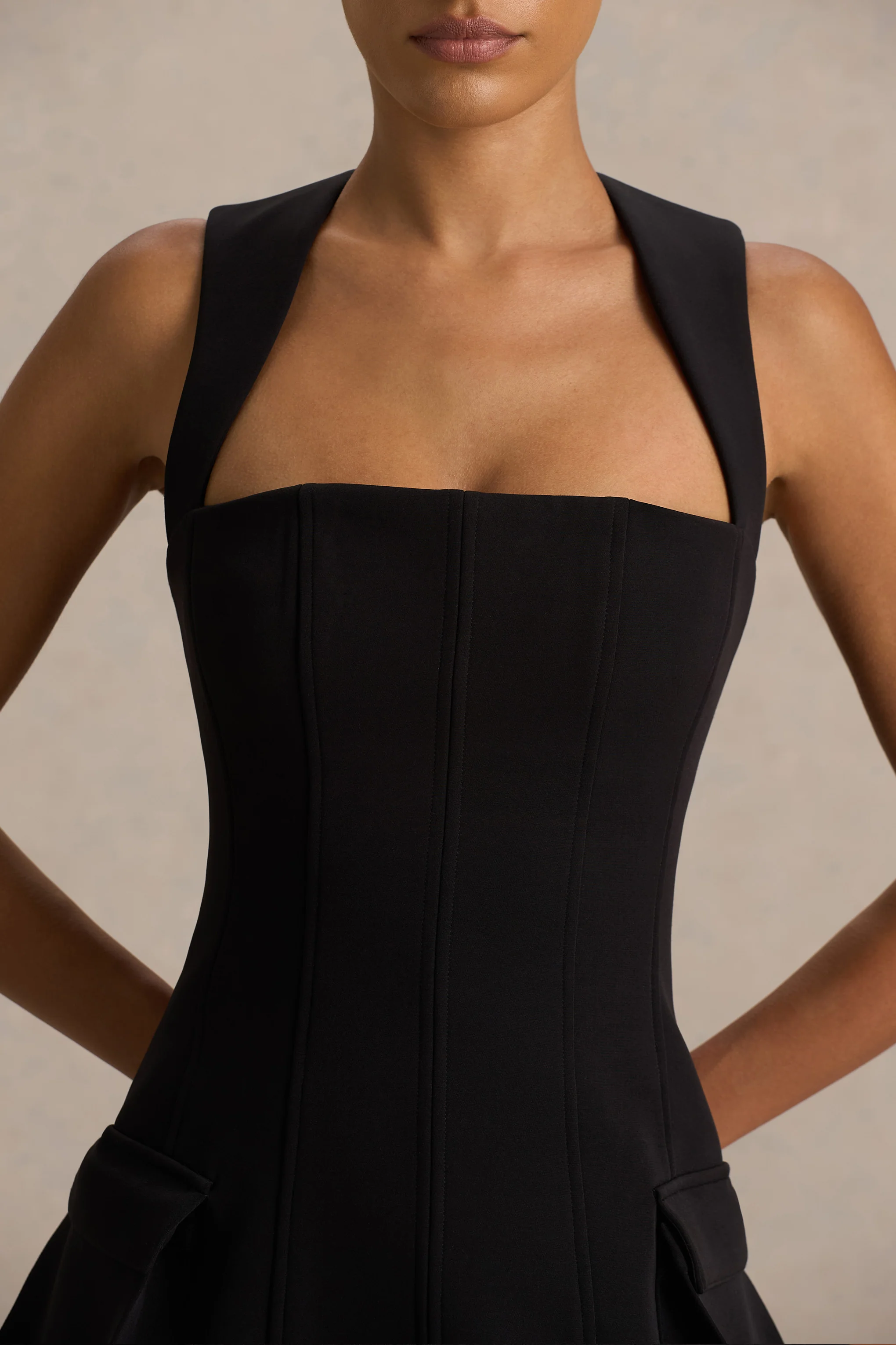 Mollie | Black Square-Neck Tailored Micro Mini Dress - Image 4