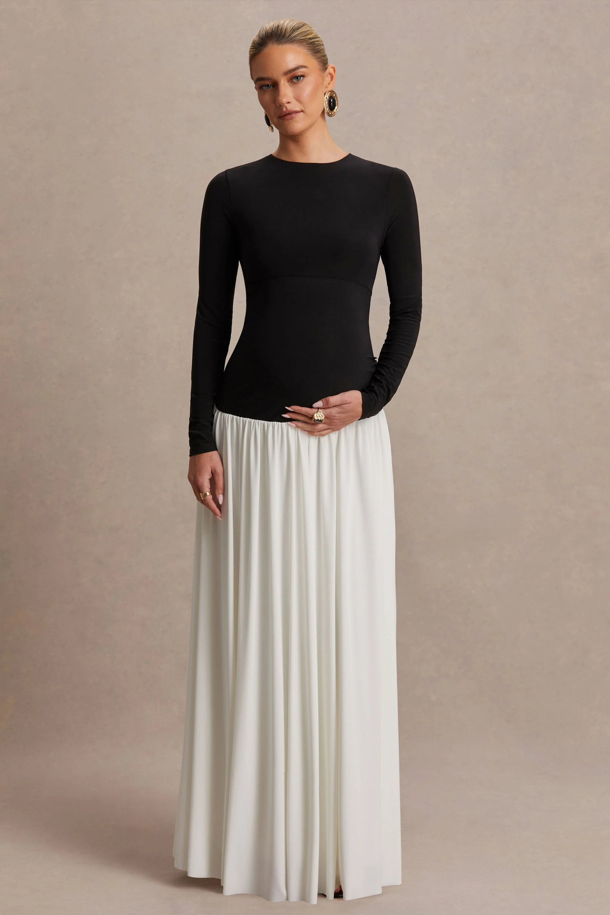 Monroe | Black And White Crew-Neck Maternity Maxi Dress With Drop-Waist - Image 4