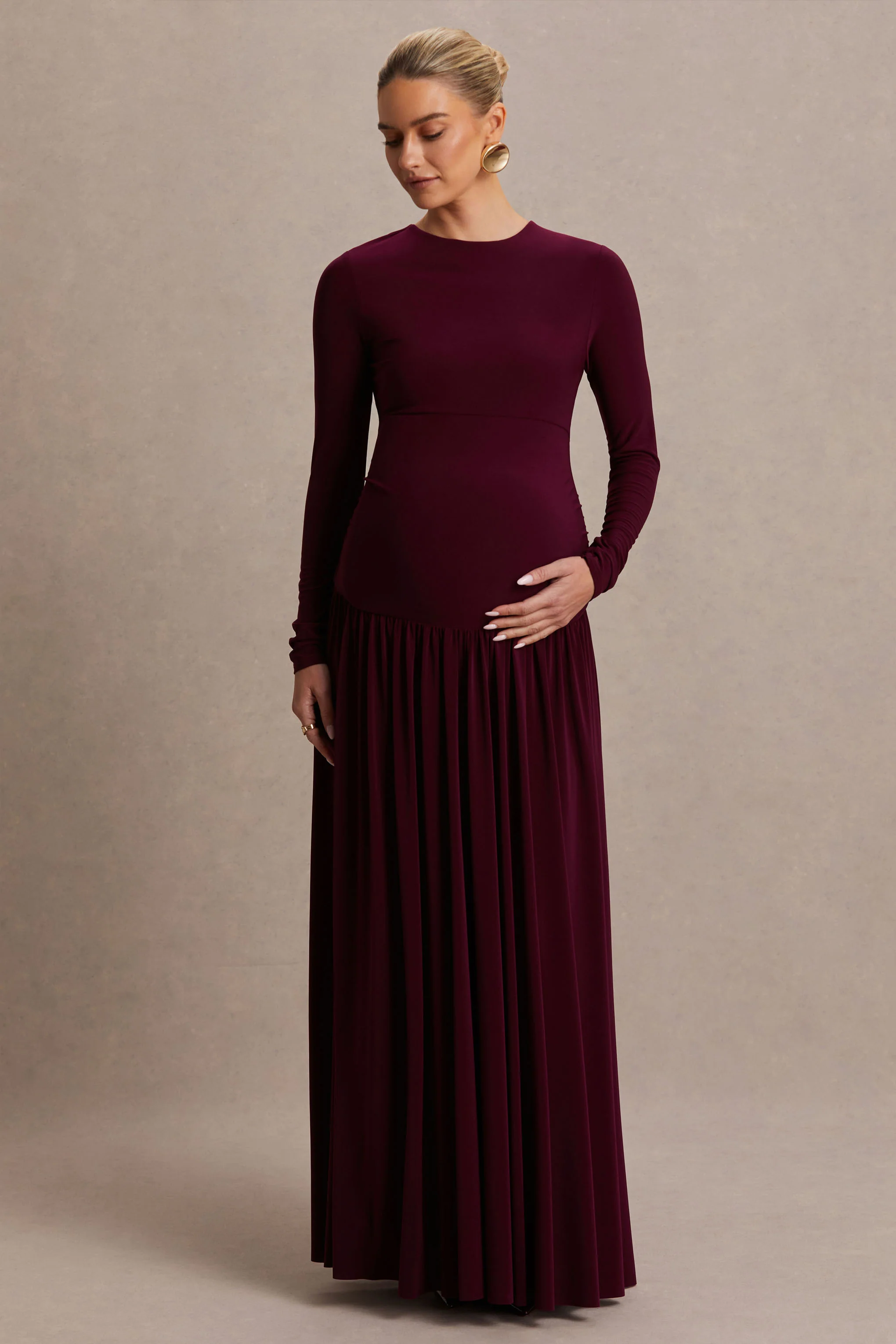 Monroe | Burgundy Crew-Neck Maternity Maxi Dress With Drop-Waist - Image 4