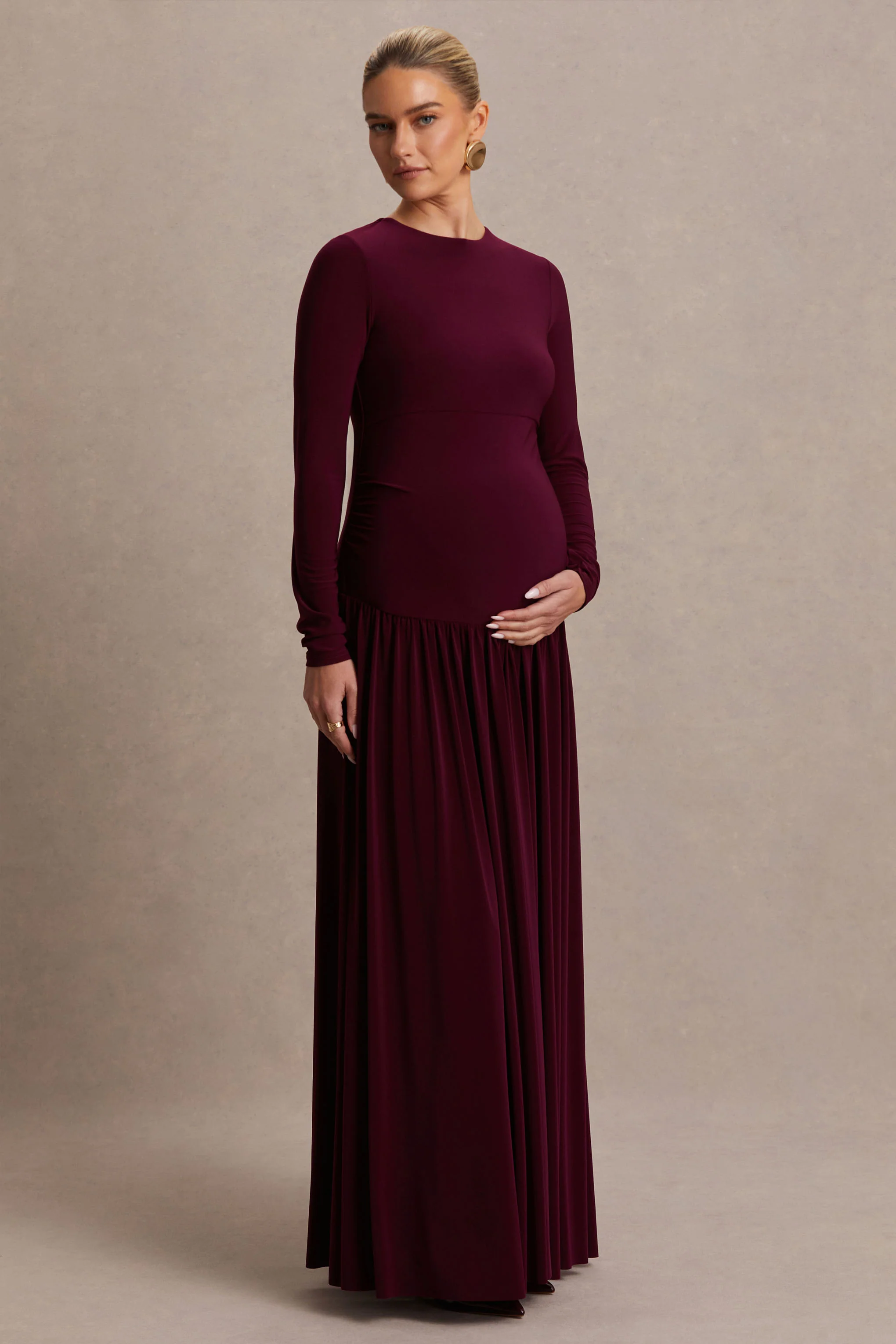 Monroe | Burgundy Crew-Neck Maternity Maxi Dress With Drop-Waist - Image 5