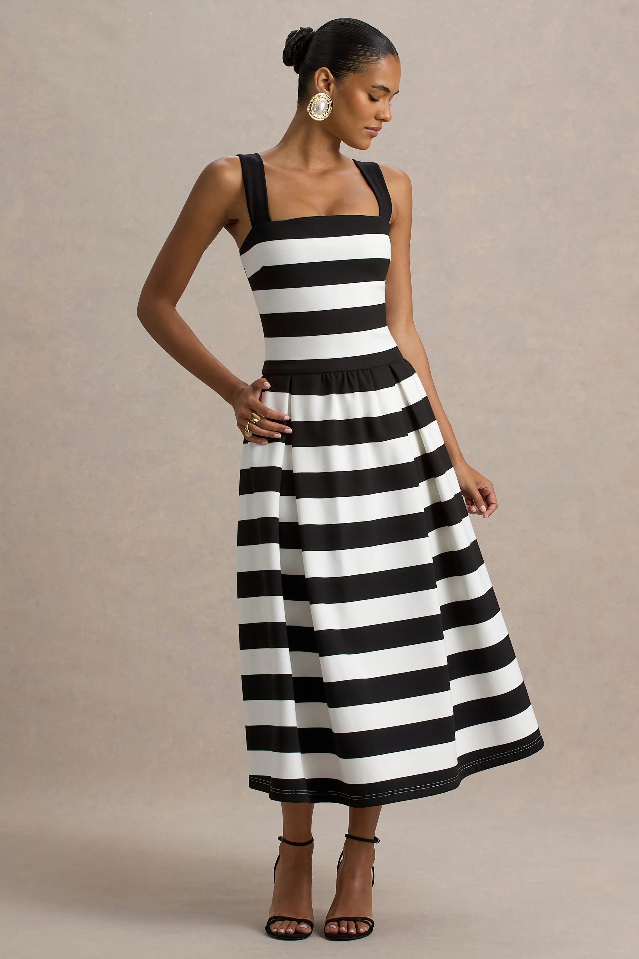 Monte Carlo | Black & White Striped Square-Neck Drop-Waist Midi Dress - Image 2