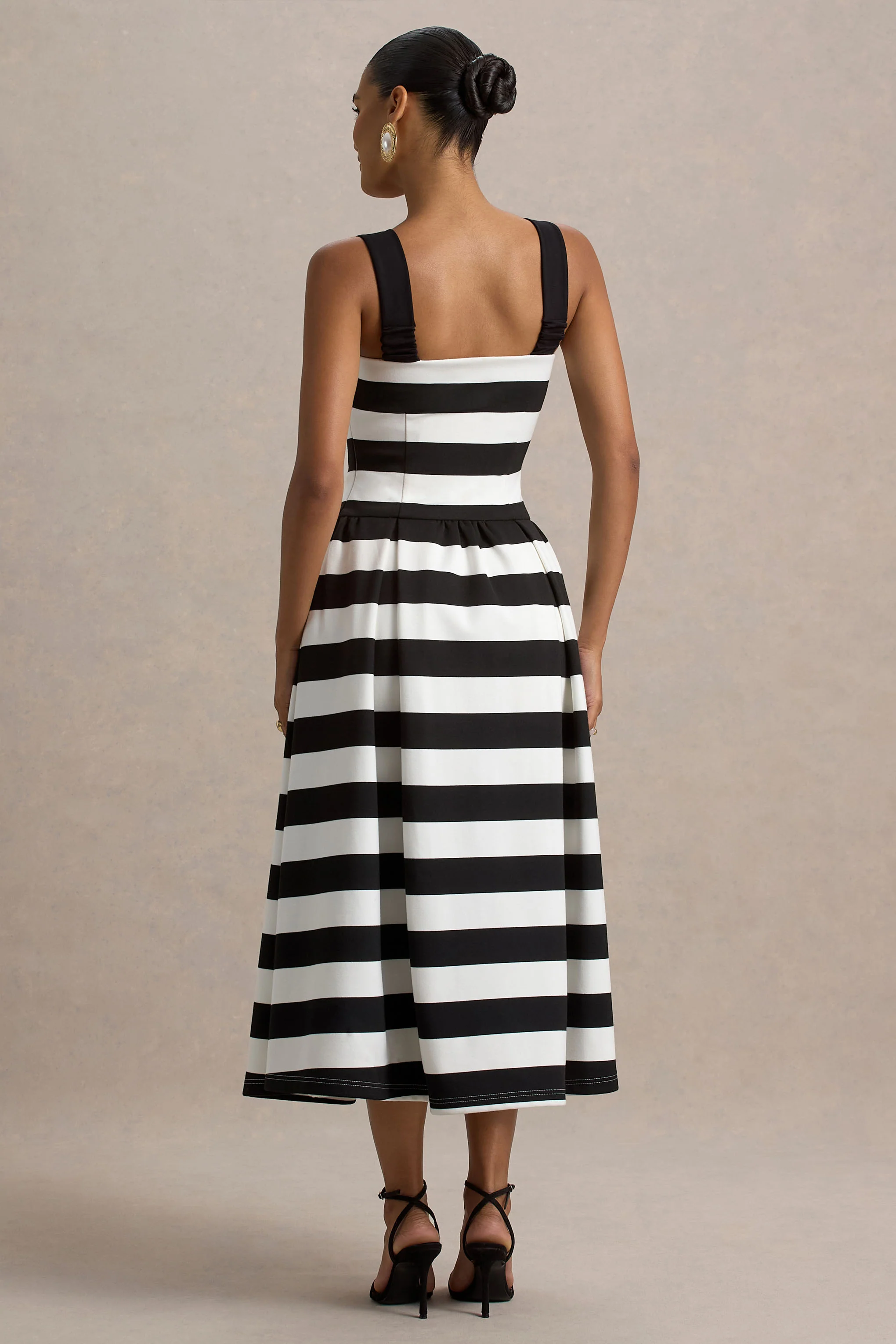 Monte Carlo | Black & White Striped Square-Neck Drop-Waist Midi Dress - Image 3