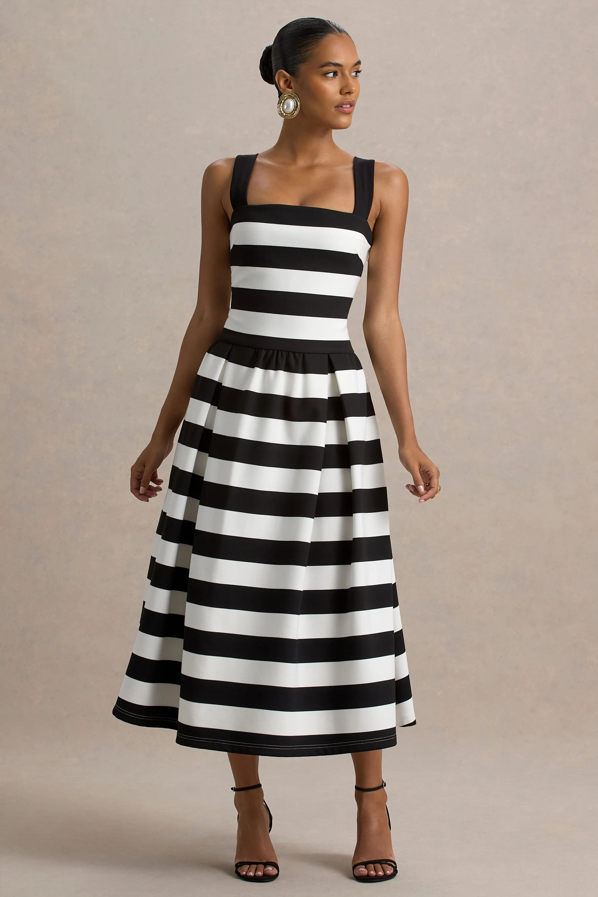 Monte Carlo | Black & White Striped Square-Neck Drop-Waist Midi Dress - Image 5