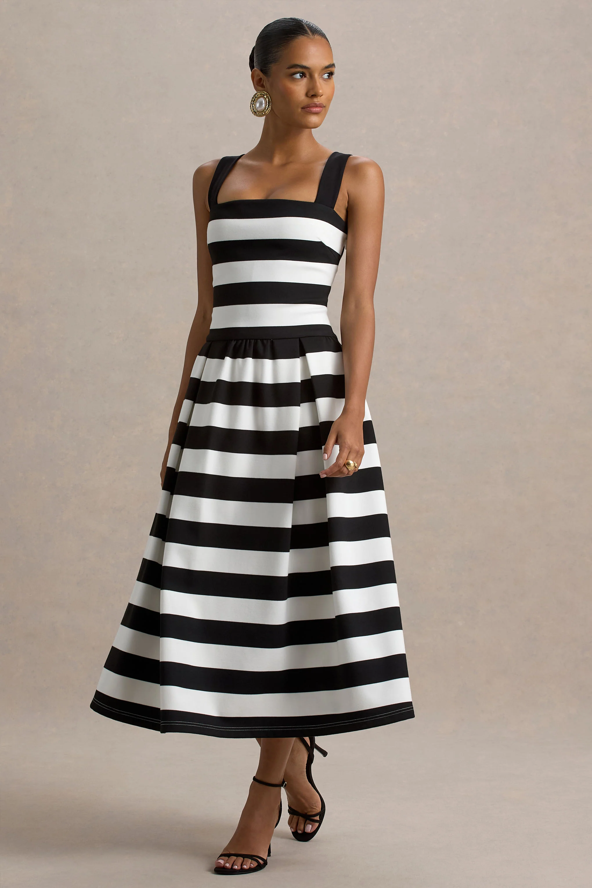 Monte Carlo | Black & White Striped Square-Neck Drop-Waist Midi Dress - Image 6