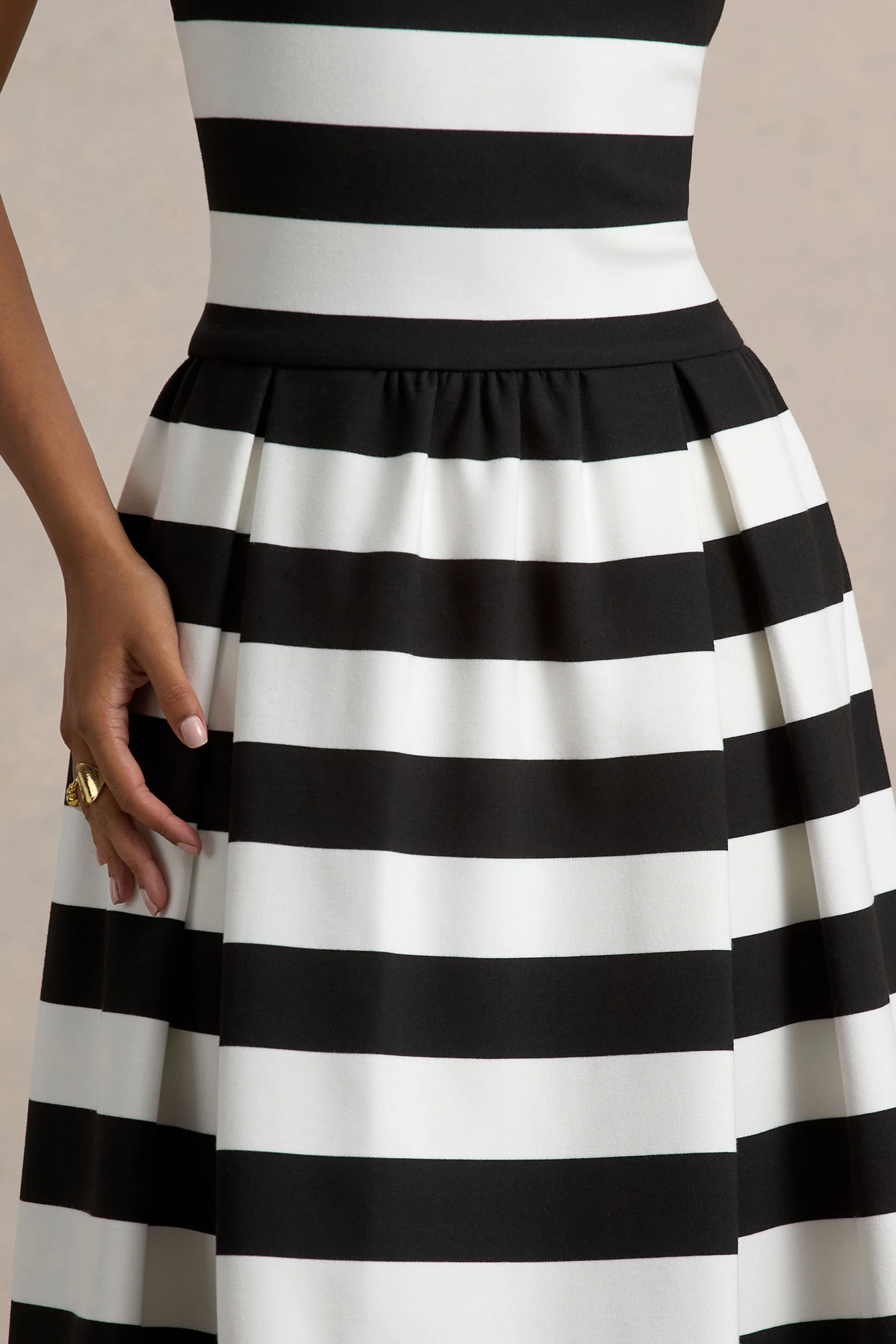 Monte Carlo | Black & White Striped Square-Neck Drop-Waist Midi Dress - Image 7