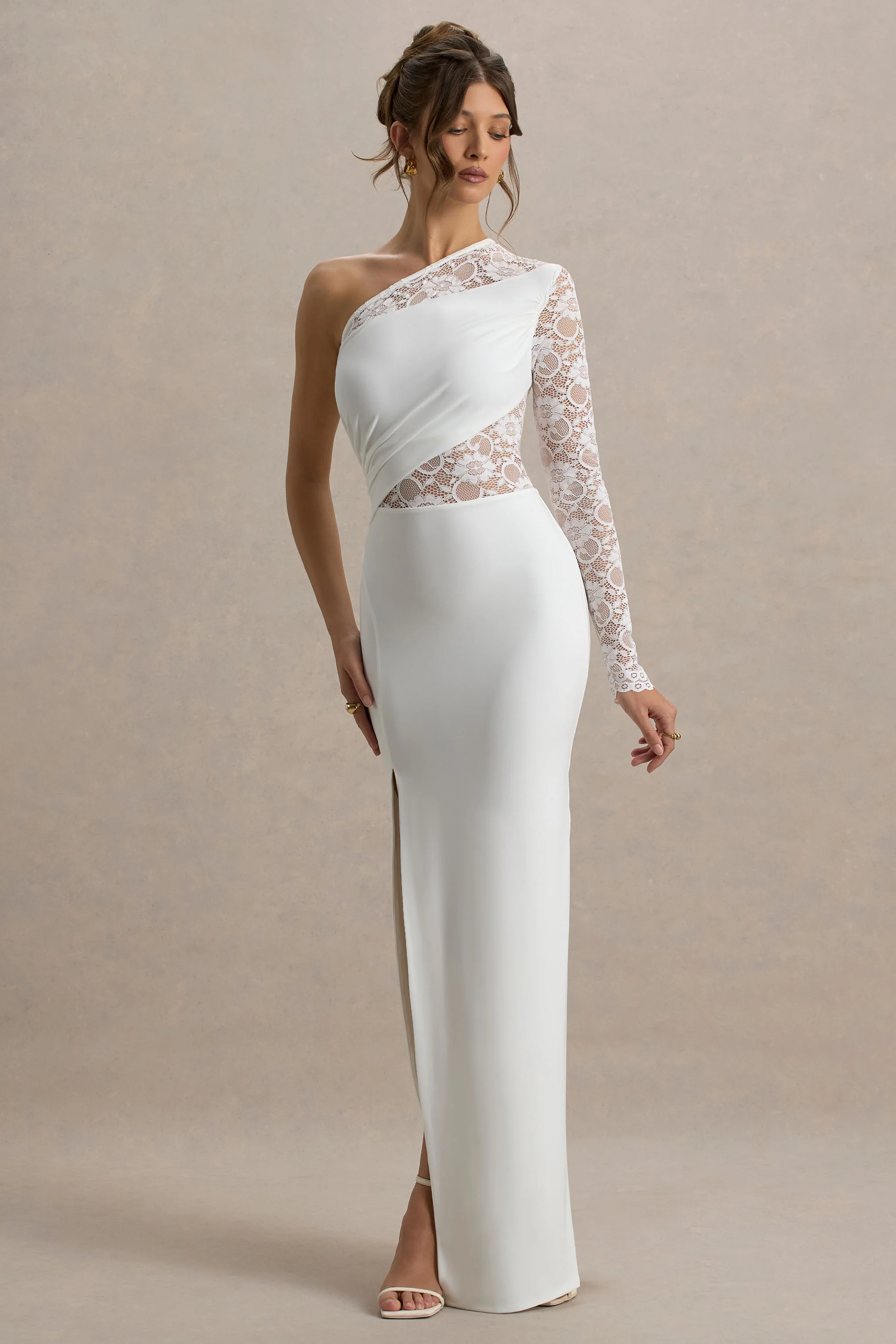 Moonlight | White Asymmetric Maxi Dress With Lace Detailing - Image 4