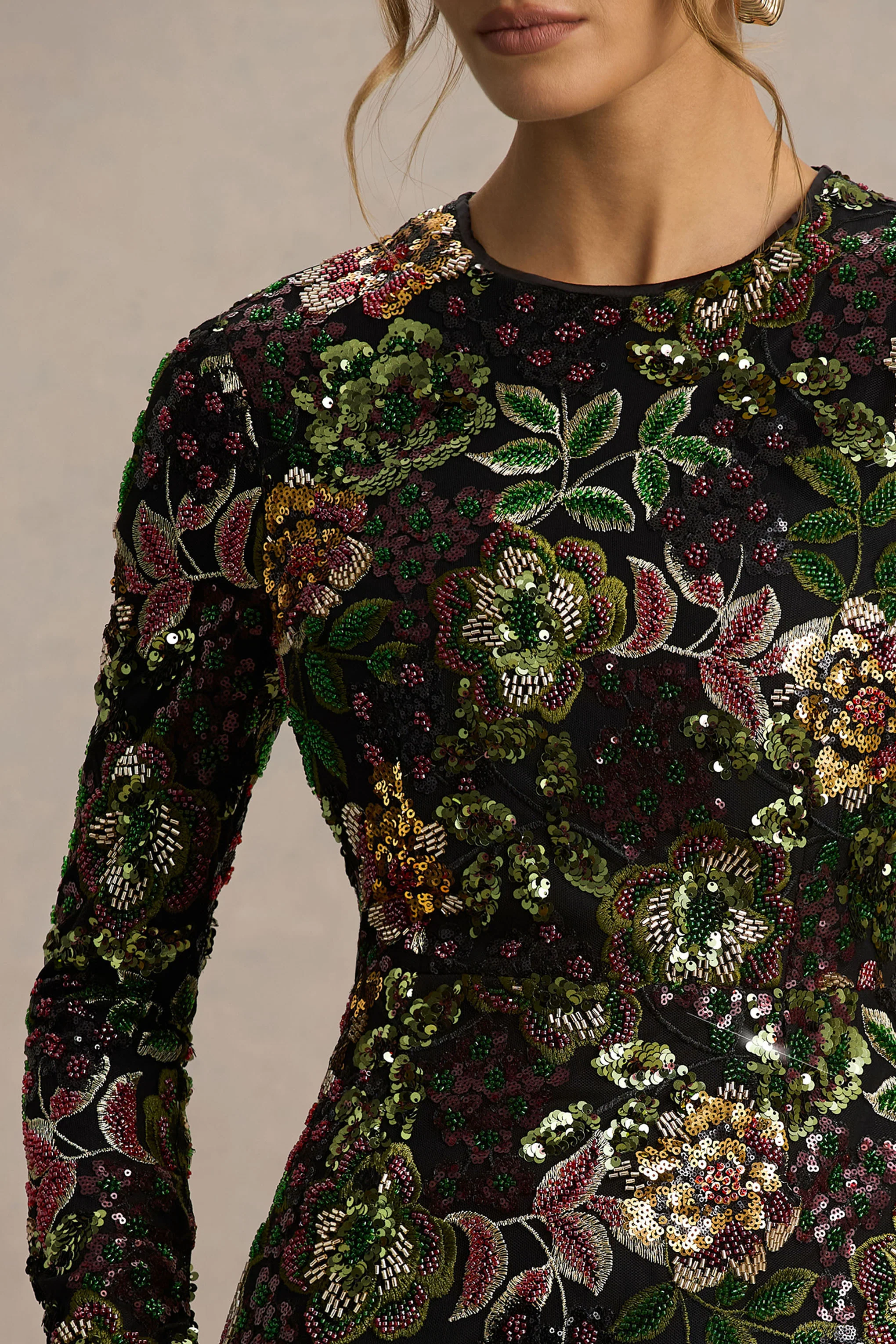 Moonlit | Winter Floral Embellished Mesh And Sequin Crew-Neck Mini Dress - Image 3