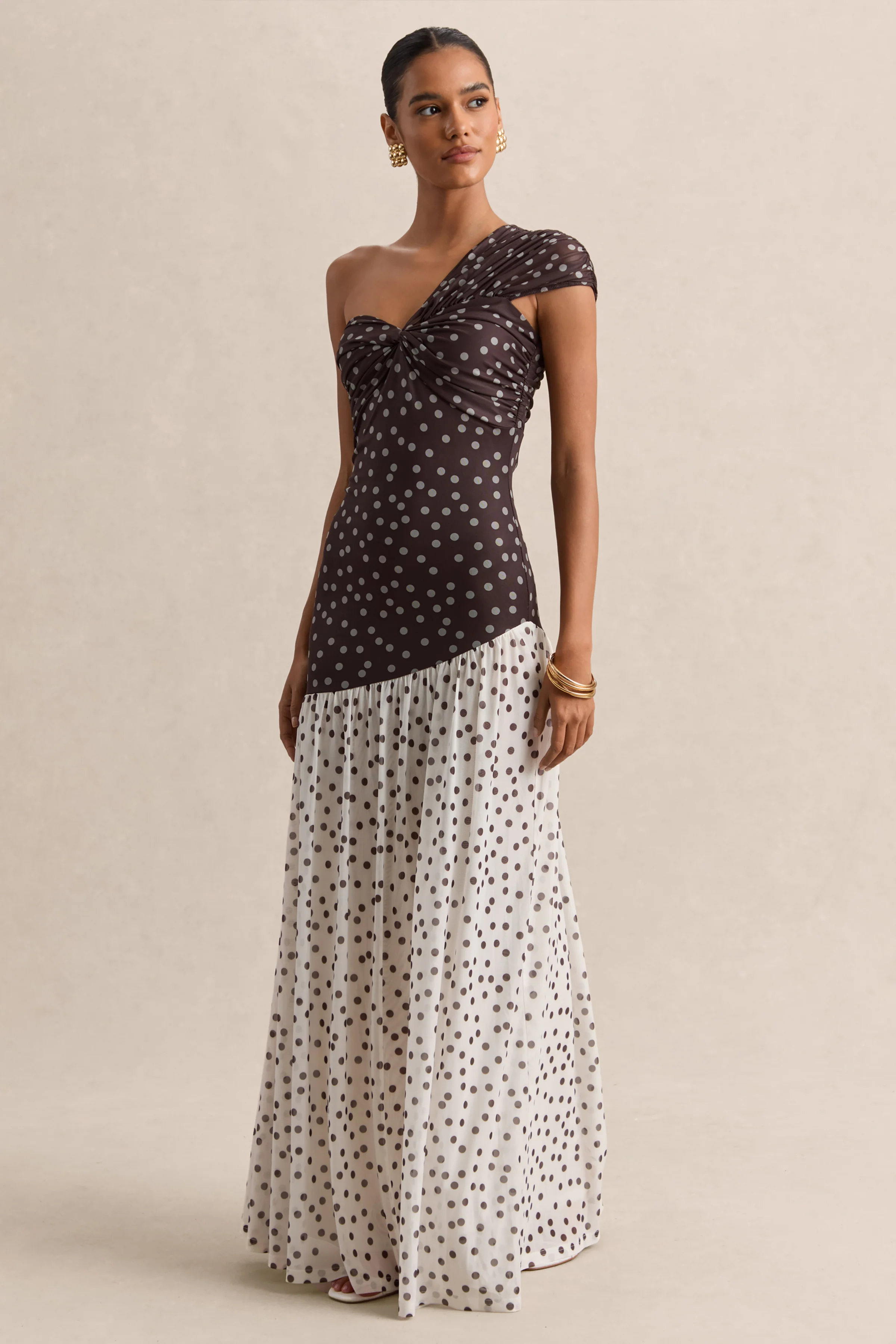Motira | Brown Polka-Dot Asymmetric-Neck Maxi Dress With Asymmetric Drop-Waist - Image 4