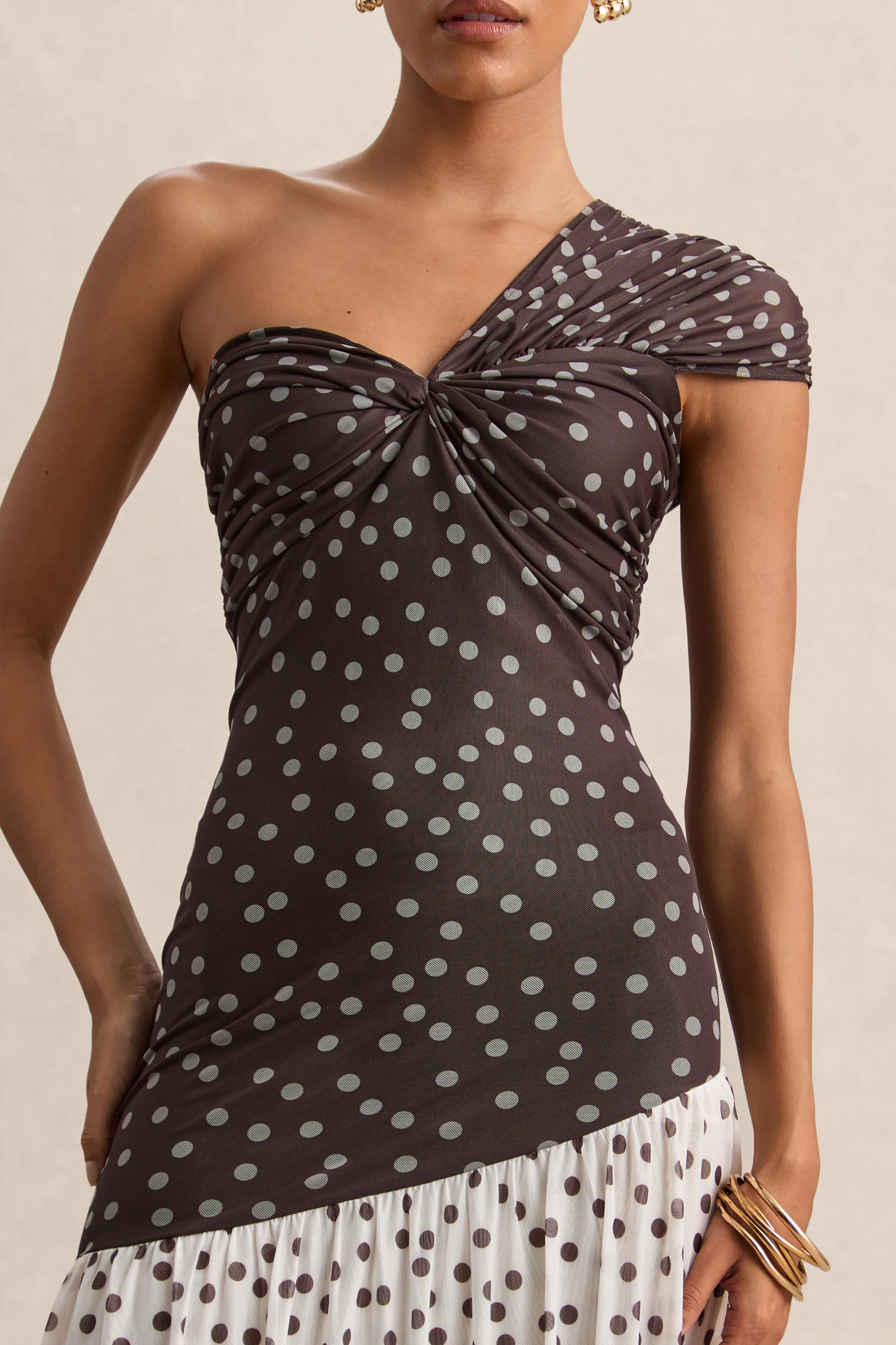 Motira | Brown Polka-Dot Asymmetric-Neck Maxi Dress With Asymmetric Drop-Waist - Image 5