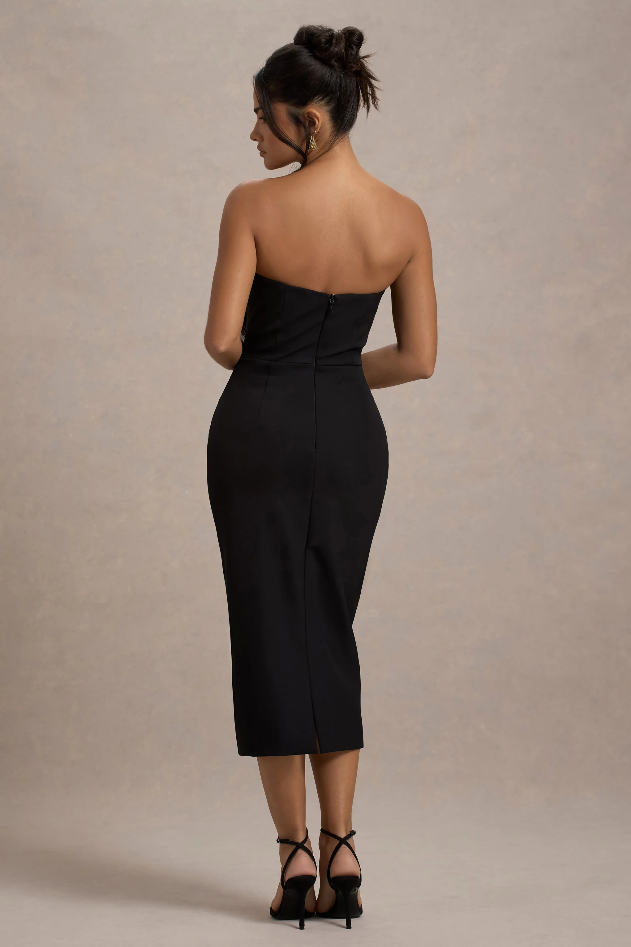 Moya | Black & Gold Bodycon Midi Dress With Corsage Detail - Image 2