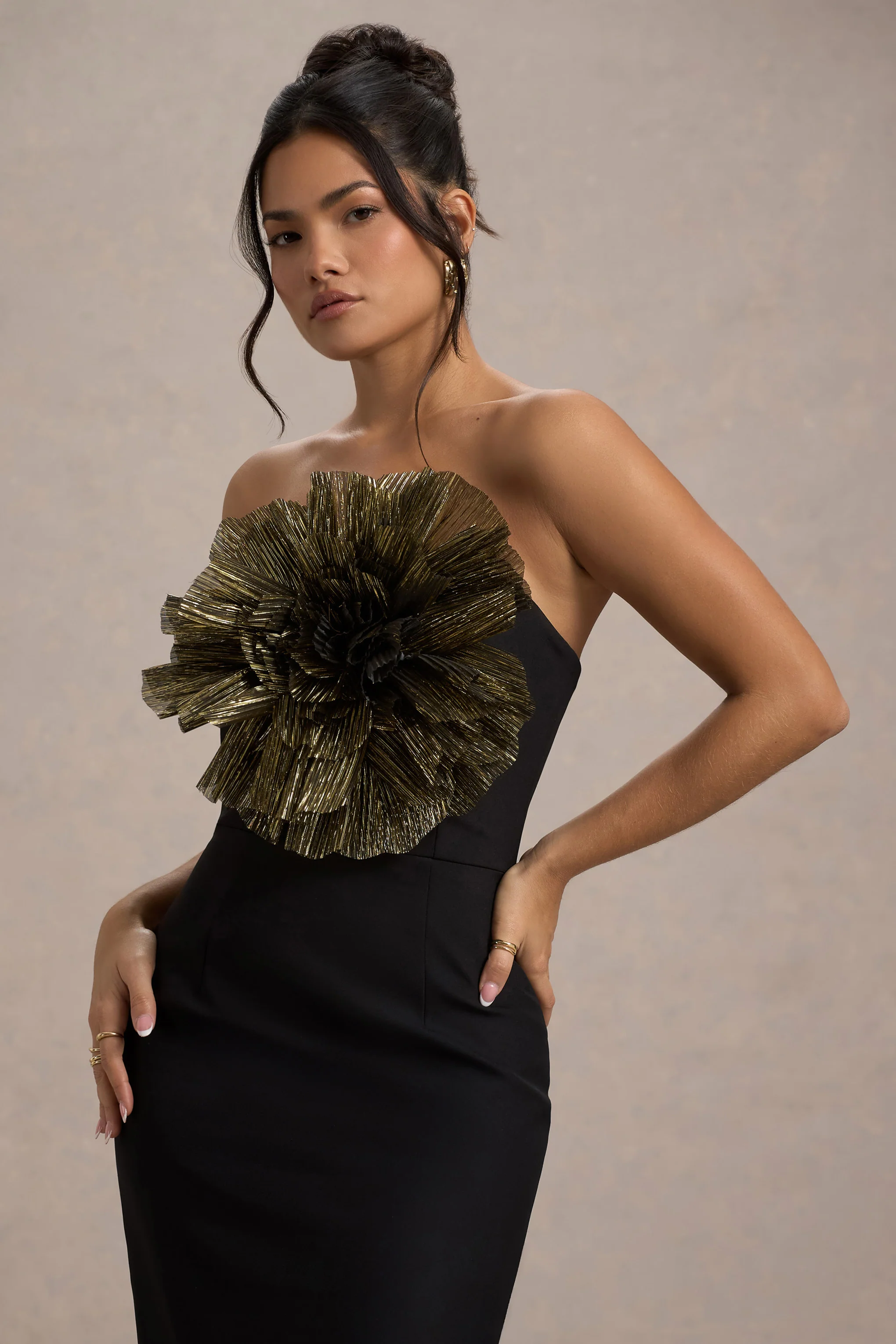 Moya | Black & Gold Bodycon Midi Dress With Corsage Detail - Image 3