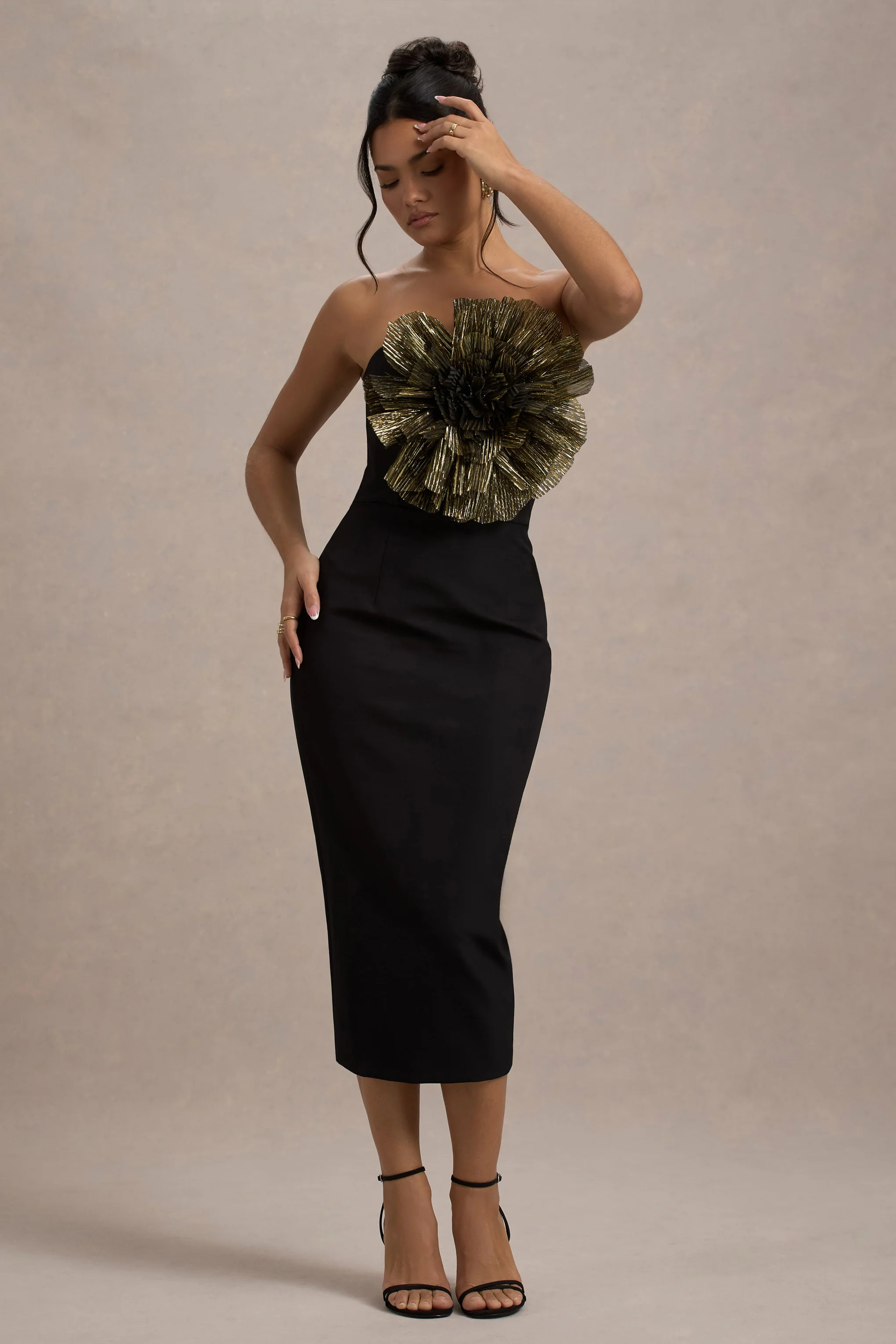 Moya | Black & Gold Bodycon Midi Dress With Corsage Detail - Image 6