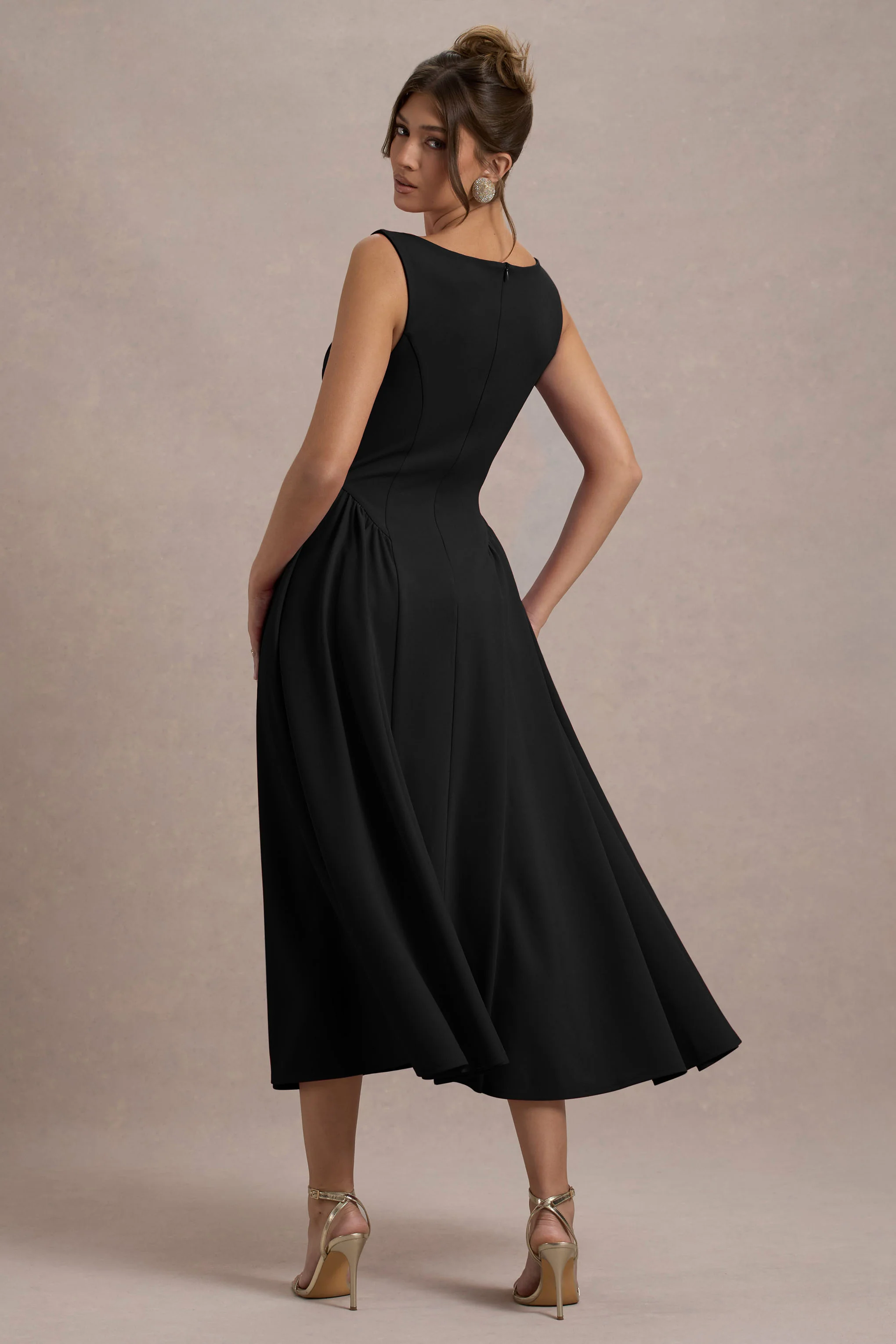 Muriel | Black Boat-Neck Volume-Hem Midi Dress - Image 2