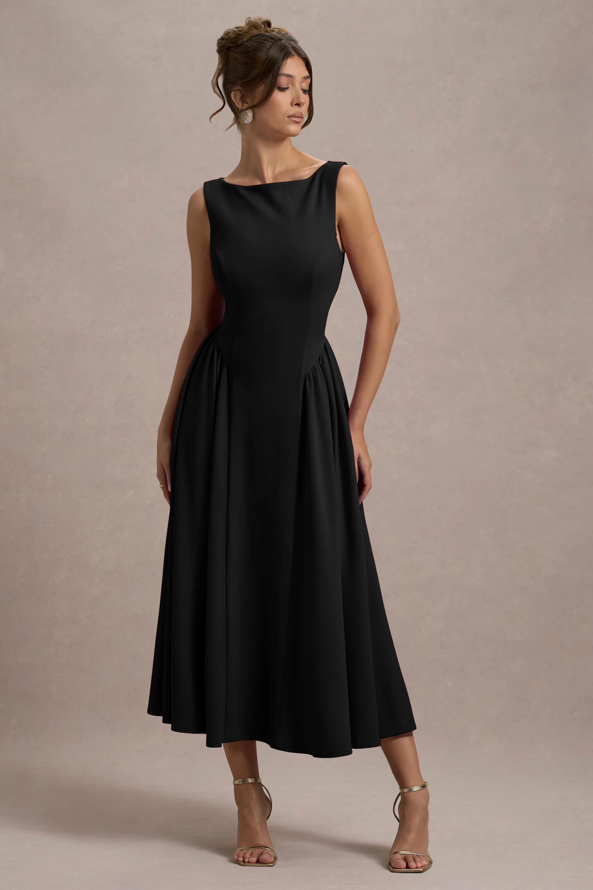 Muriel | Black Boat-Neck Volume-Hem Midi Dress - Image 3